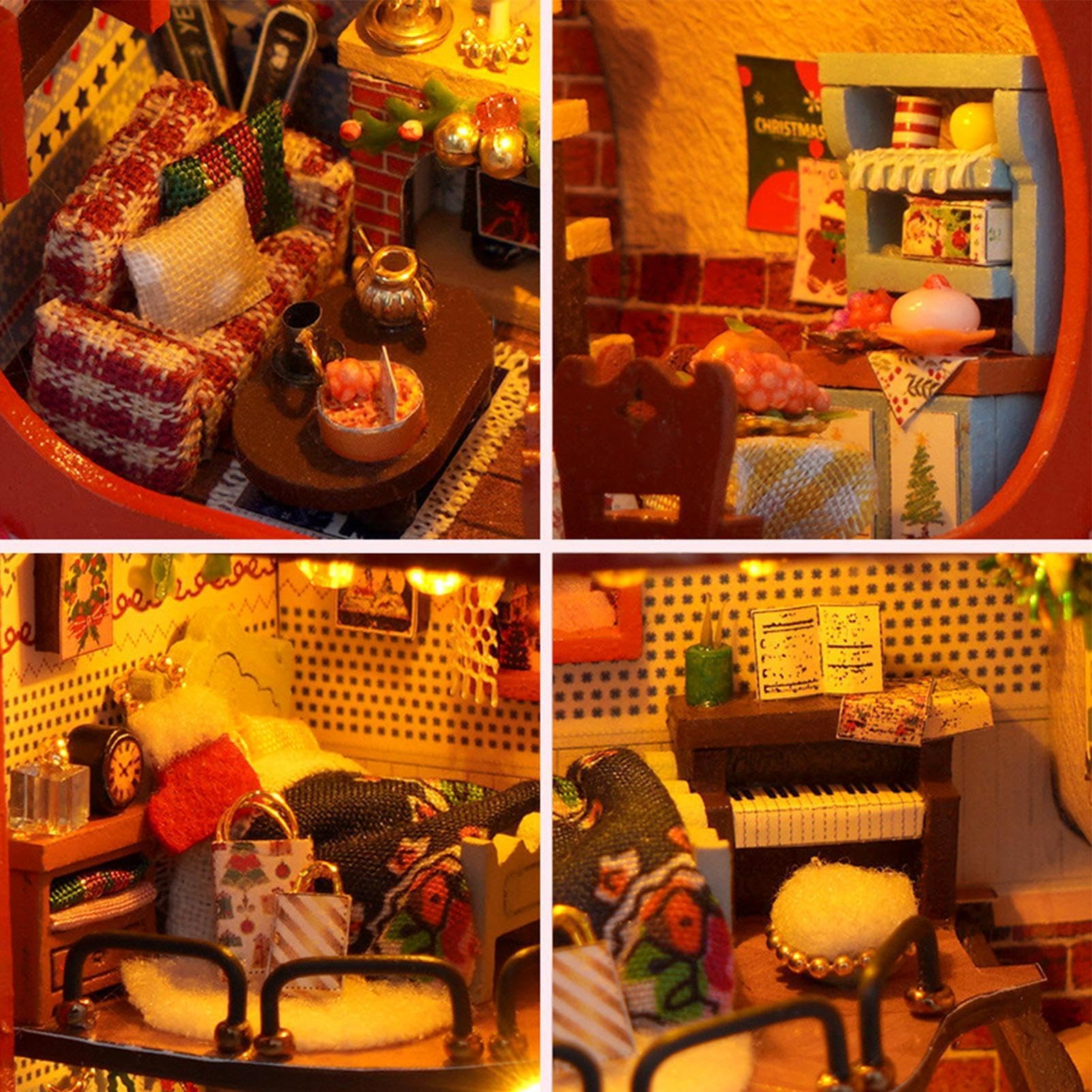 Kit Casa In Miniatura Calza Natalizia Decorativa Con Illuminazione LED | Kit Fai da Te Casa in Miniatura di Legno per Angolo Adatto per Tavolino da Caffè, Armadietto, Comodino, e Soggiorno
