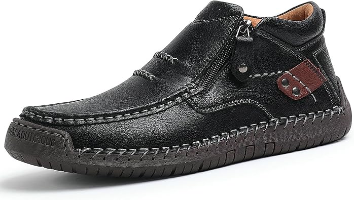 WOWSTICK Mens Slip on Hand-Stitched Leather Loafers, Lightweight Comfort Casual Ankle Chukka Walking Shoes