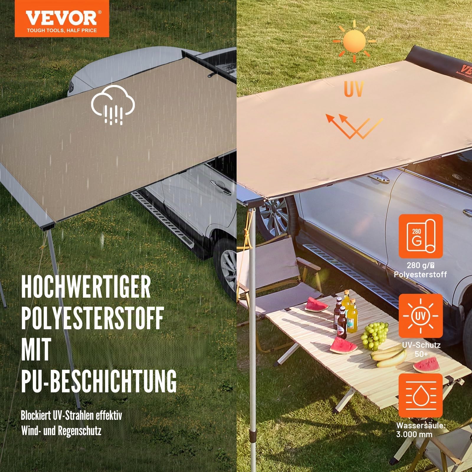 VEVOR Sonnensegel Wohnwagen 2x2,5m Sonnenvordach Wohnmobil UV50+ UV-Schutz Markise 280-G Polyester-Gewebe Vorzelt PU3000mm Wasserdicht inkl. PVC-Tasche Ideal für Camping Familientreffen Ausflüge