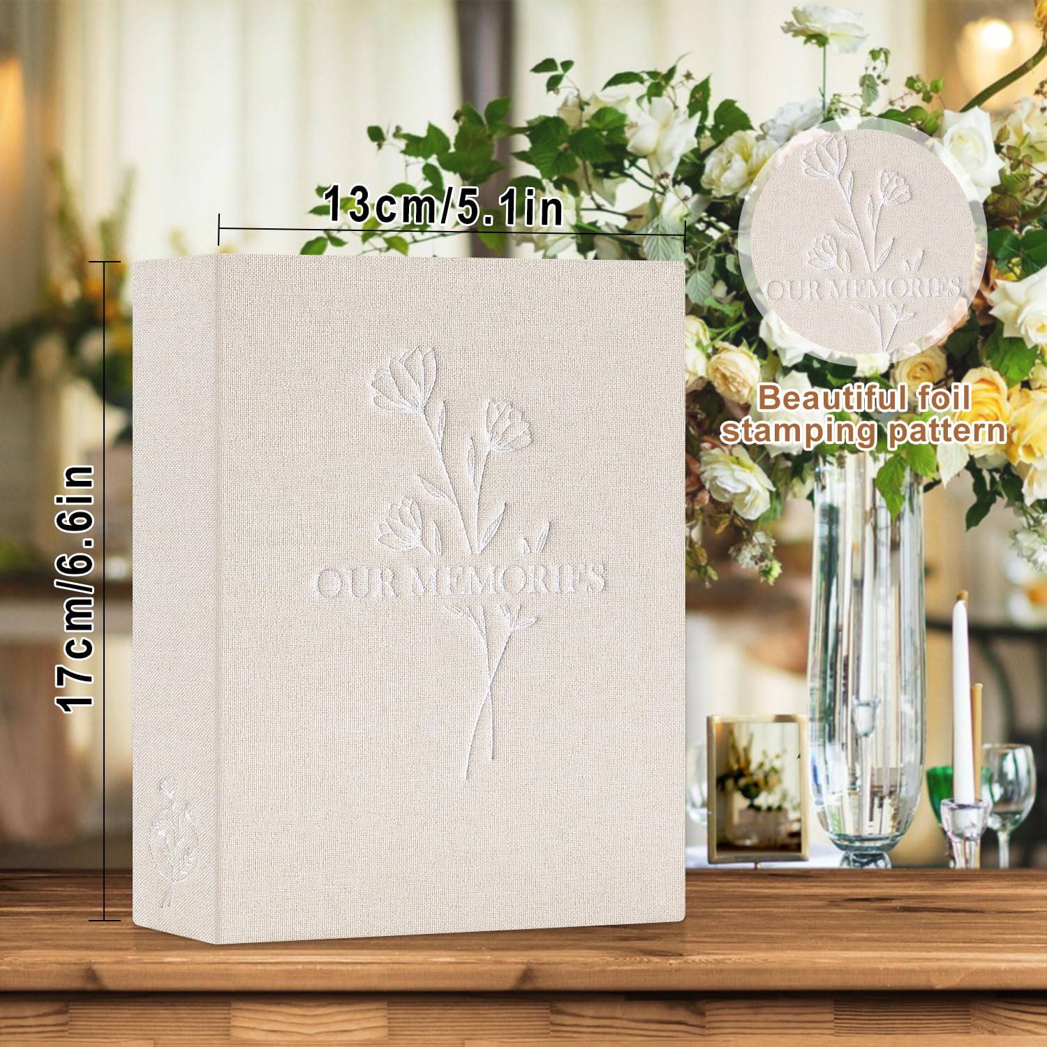 Lanpn Lino Album Fotografico 10x15 100 Tasche 2 Confezioni, OUR MEMORIES Piccolo Mini Biancheria Album Foto Portafoto Verticale Tascabile Tasca (Beige)