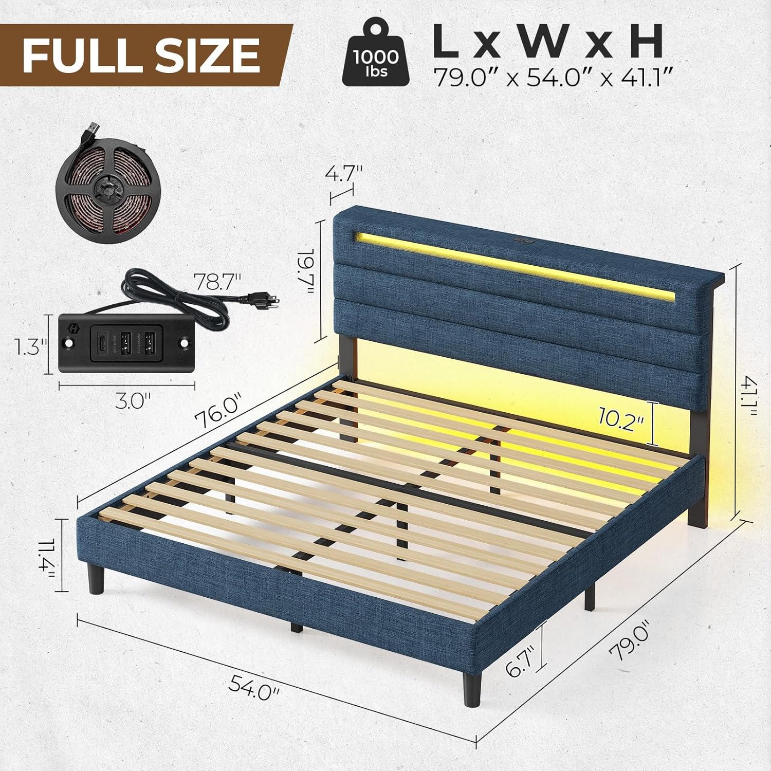 Rolanstar Full Size Bed Frame, Storage Headboard with Charging Station and LED Lights, Upholstered Bed with Heavy Duty Wood Slats, No Box Spring Needed, Noise Free, Easy Assembly, Blue