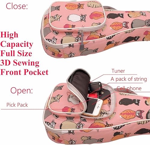 Miniatura 7 de MUSIC FIRST Funda de lona para ukelele MISS CAT para ukelele, correas de hombro dobles, diseño original (apto para ukelele soprano de 21 pulgadas,