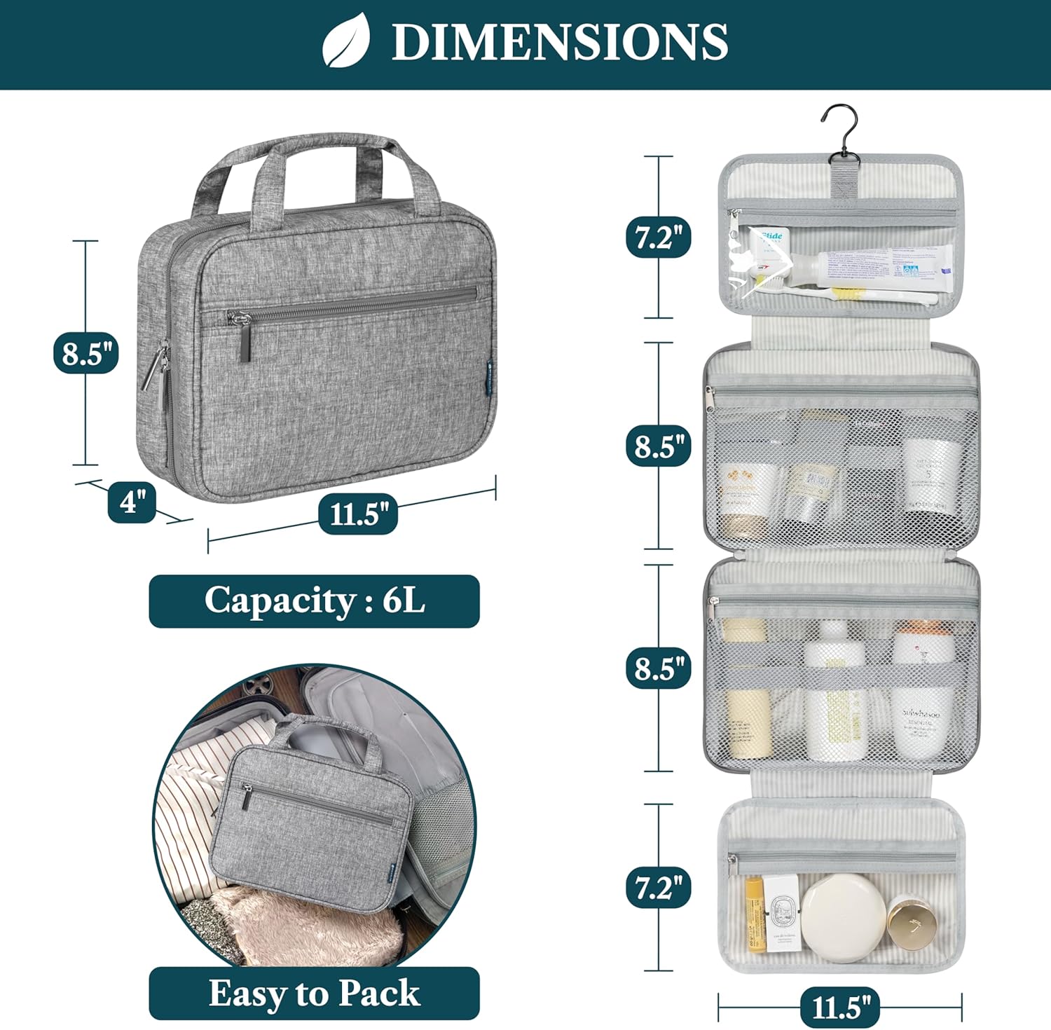 PAVILIA Hanging Toiletry Bag Travel Bag Women Men, Foldable Cosmetic Organizer, Roll up Makeup Bag, Water Resistant Accessories Toiletries, Large Travel Essentials Kit (Heather Grey) - Image 2