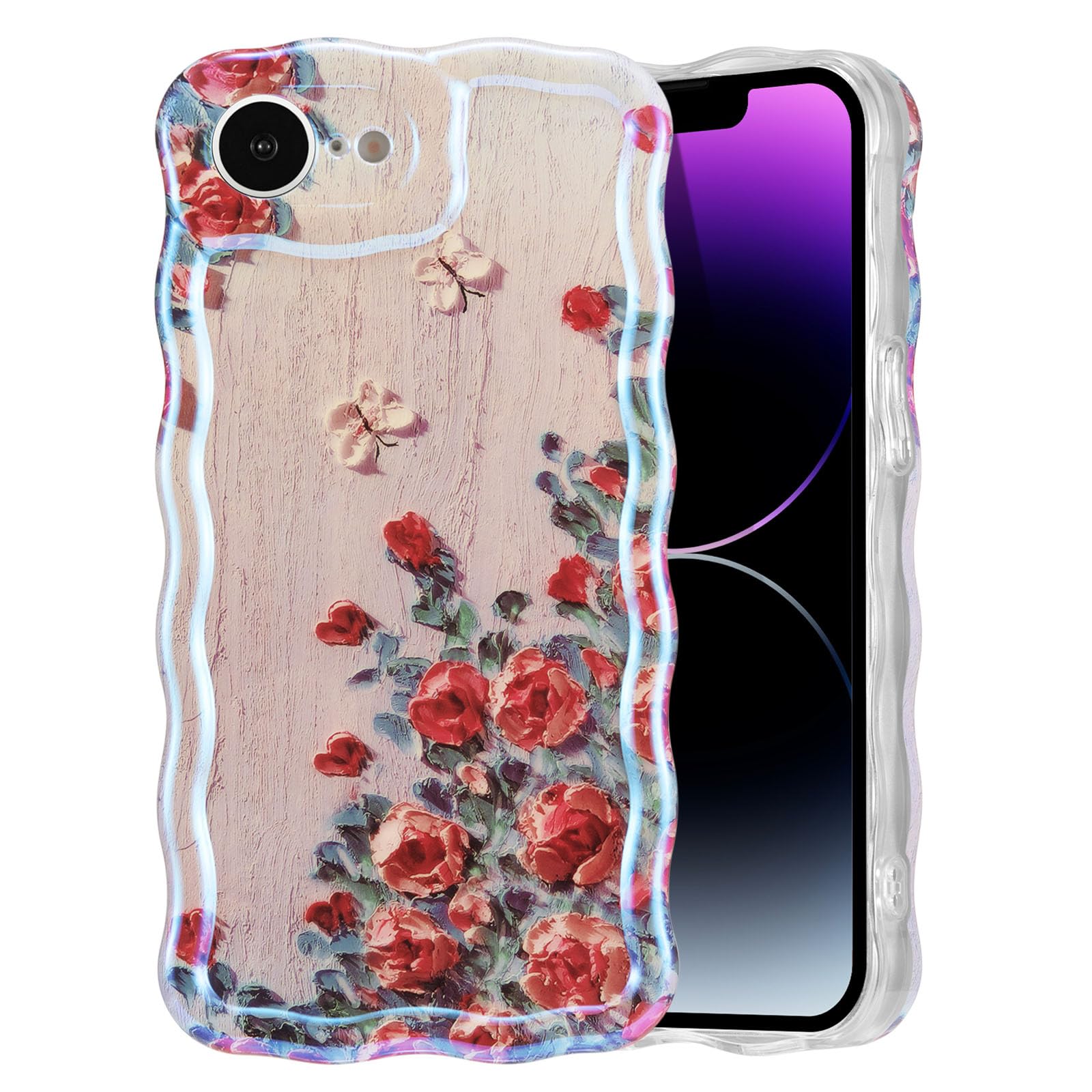 EYZUTAK Case for iPhone 15, Colorful Retro Oil Painting Flower Laser Beam Glossy Pattern Cute Curly Waves Border Exquisite Phone Cover Stylish Durable Soft TPU Protective Case for Girls Women - Green — view 110