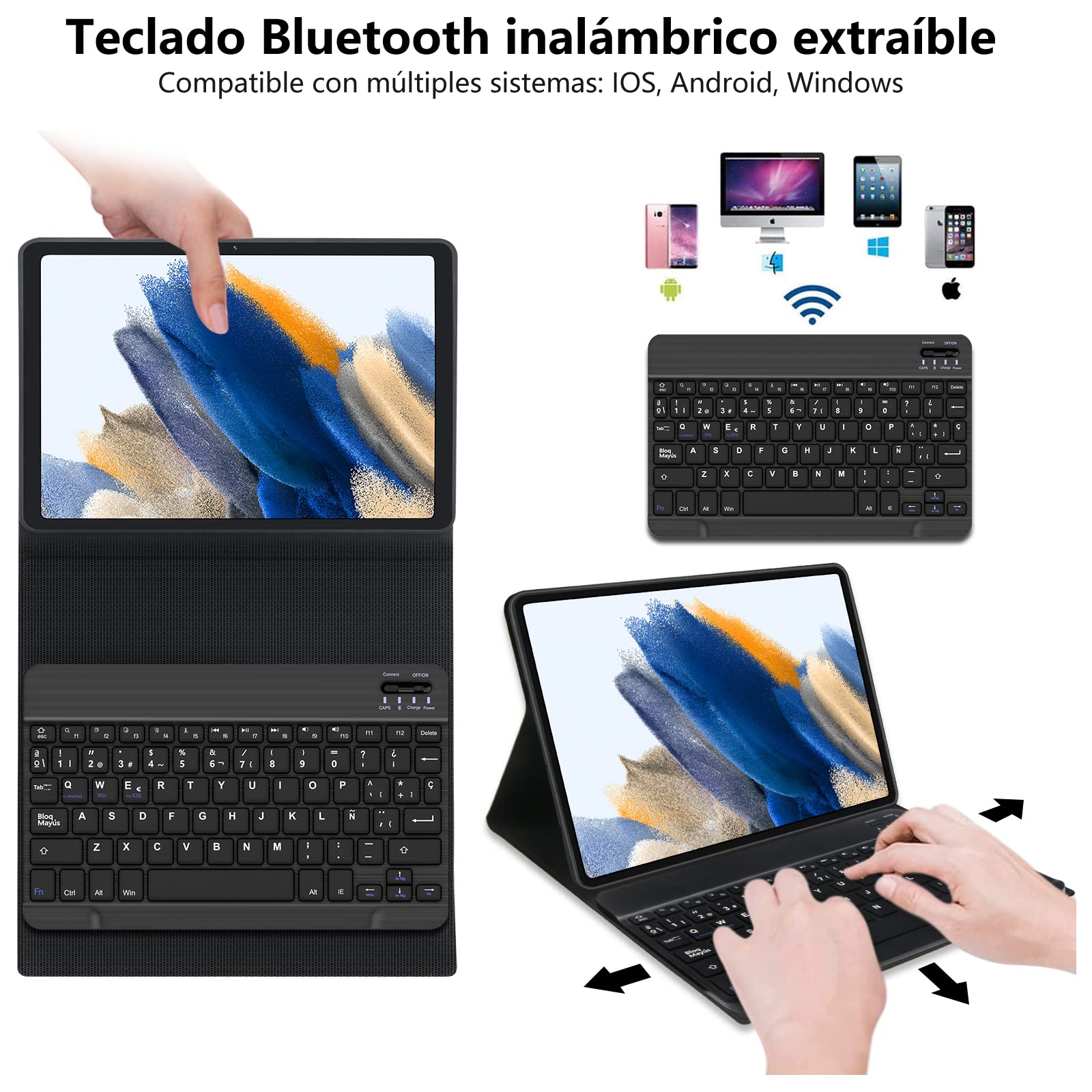 IVEOPPE Funda con Teclado para Samsung Galaxy Tab A8 10.5 2022/2021 (SM-X200/X205/X207), Funda de Cuero Ultra Delgada,Teclado Español Ñ Bluetooth Inalámbrico Magnético Desmontable, Negro