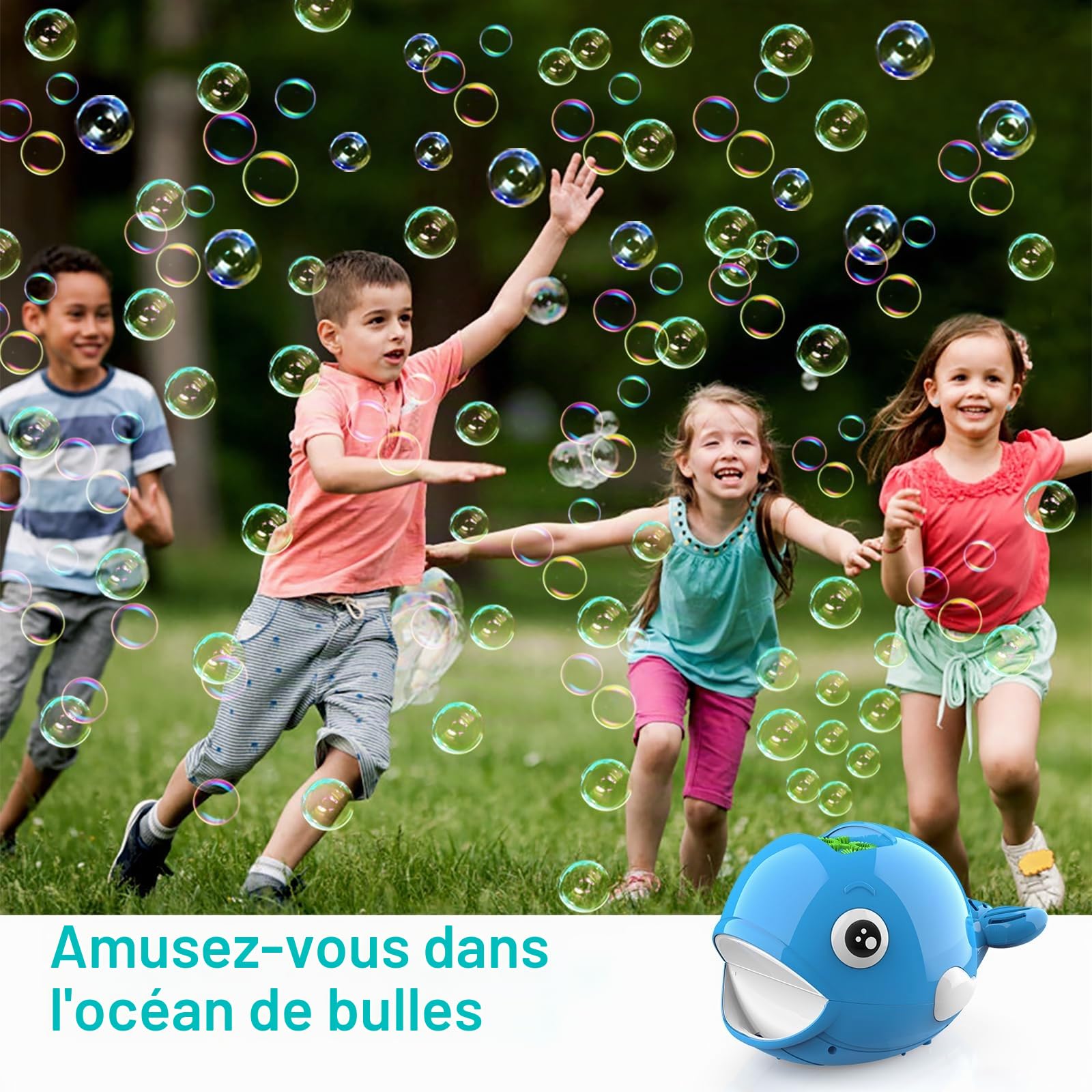 Machine a Bulles de Savon Enfant, Jouet Garçon Fille 3 4 5 6 7 8 Ans Appareil a Bulles Automatique Portable Souffleuse à Bulles avec 2 Bouteilles Cadeau Enfant Jeux Exterieur Jardin Plein Air, Baleine