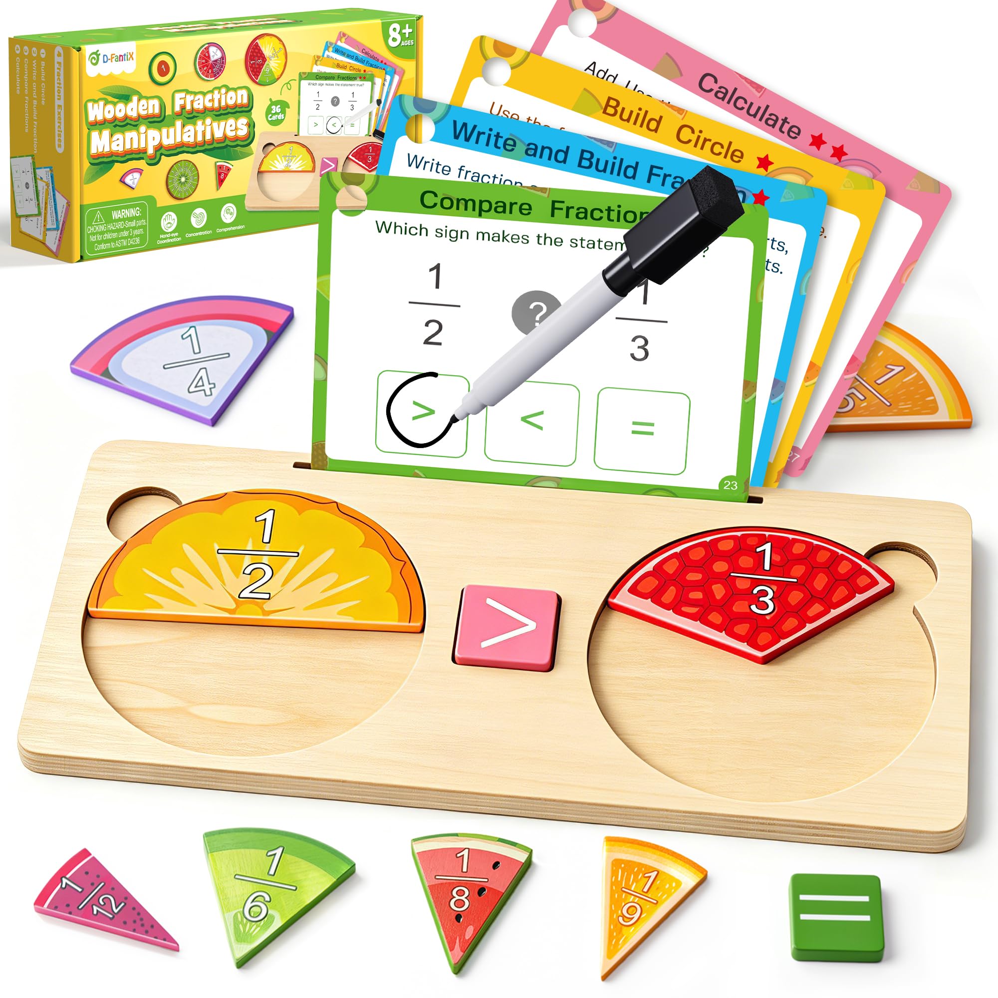 D-FantiX Wooden Fruit Fraction Manipulatives, Wood Fraction Tiles & Circle