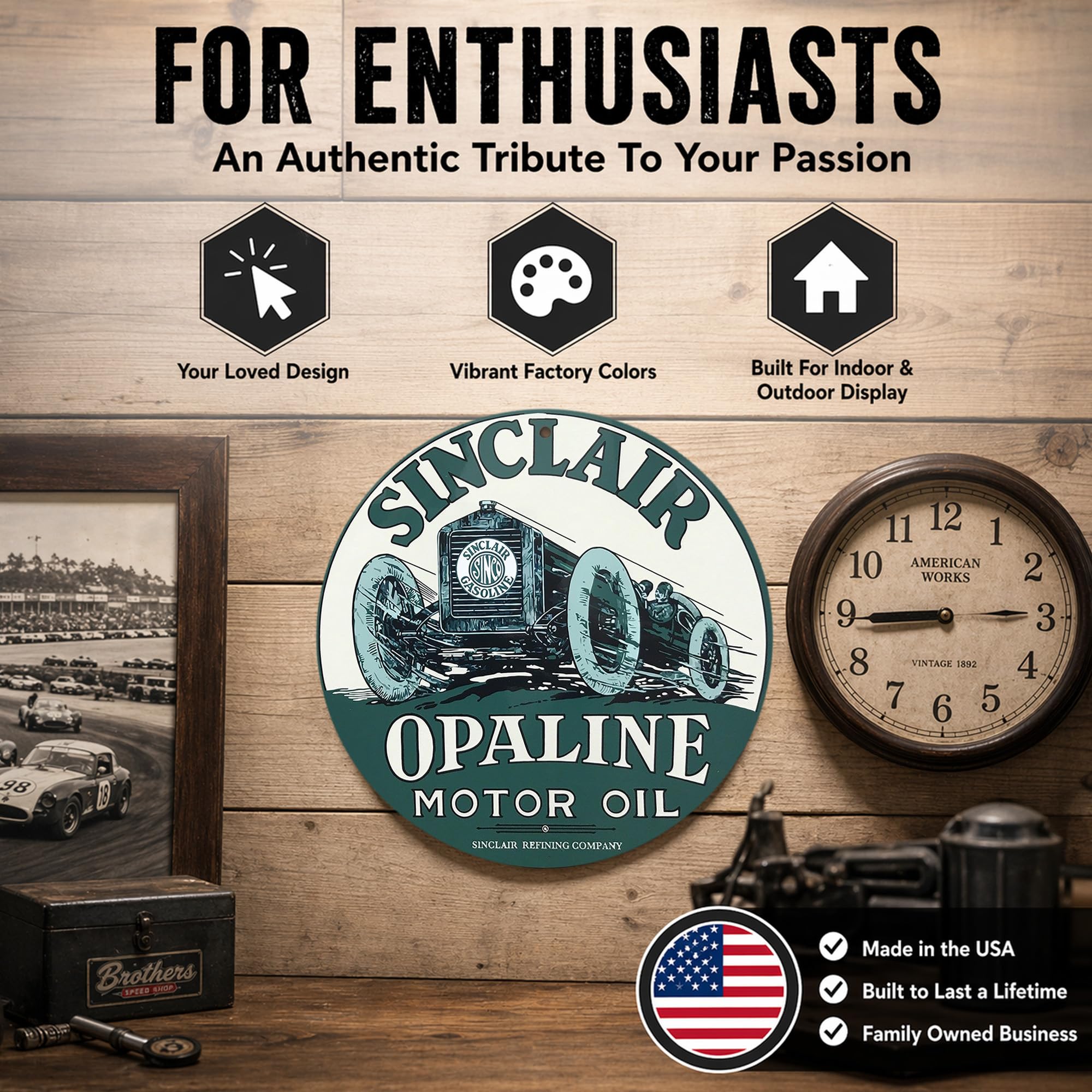 Brotherhood Sinclair Opaline Motor Oil - Riproduzione di cartelli vintage in metallo, rotondi, per garage e casa, diametro 20,3 cm