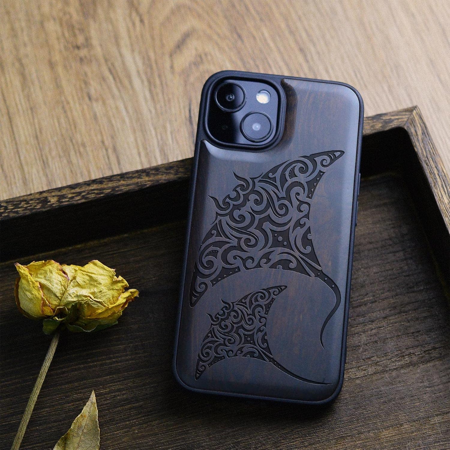 Carveit Magnetic Wood Case for iPhone 13 Mini Case [Natural Wood & Black Soft TPU] Unique & Classy Wooden Shockproof Protective Cover Compatible with magsafe (Manta Ray -Blackwood)