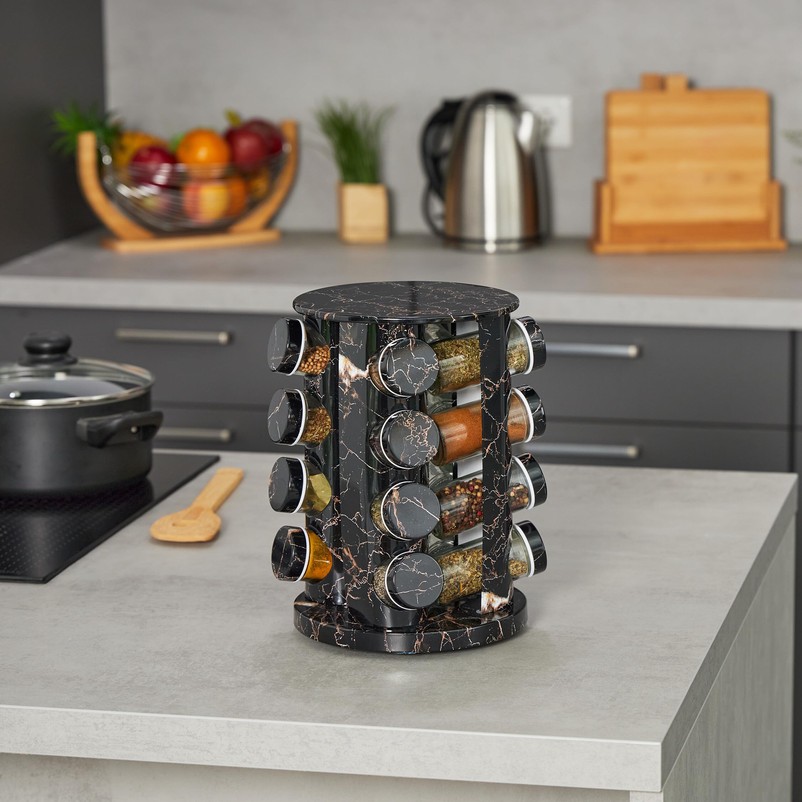 Relaxdays Portaspezie da Cucina, 16 Barattoli, Fori Spargispezie, Girevole a 360°, HxD: 27,5x19 cm, Effetto Marmo, Nero