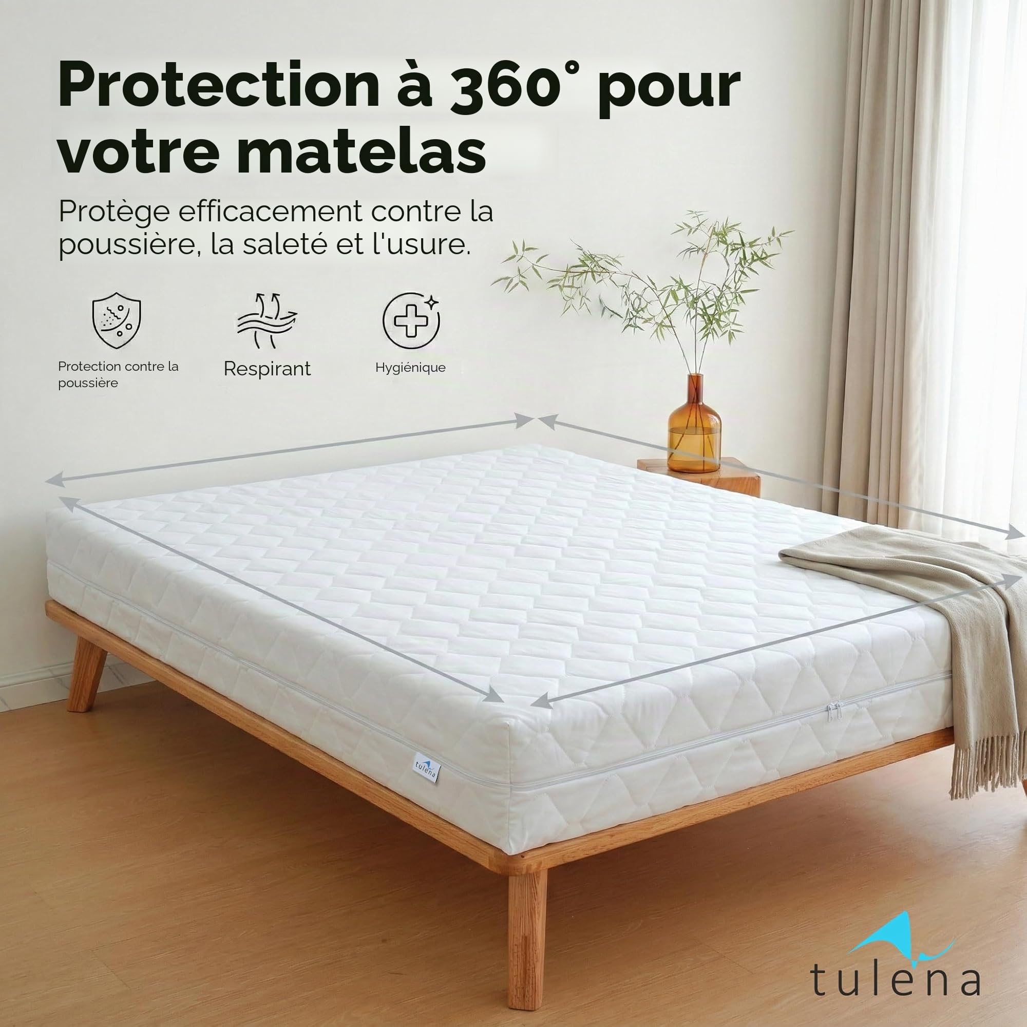 TULENA Housse de Matelas en Microfibre avec Fermeture éclair, 160x200 cm, Hauteur 23 à 25 cm, matelassée, Blanche, hypoallergénique, certifiée Öko-Tex