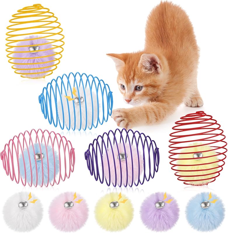 Brinquedo Bola de Mola para Gatos com Pompons e Sino Jecery, 5 Unidades