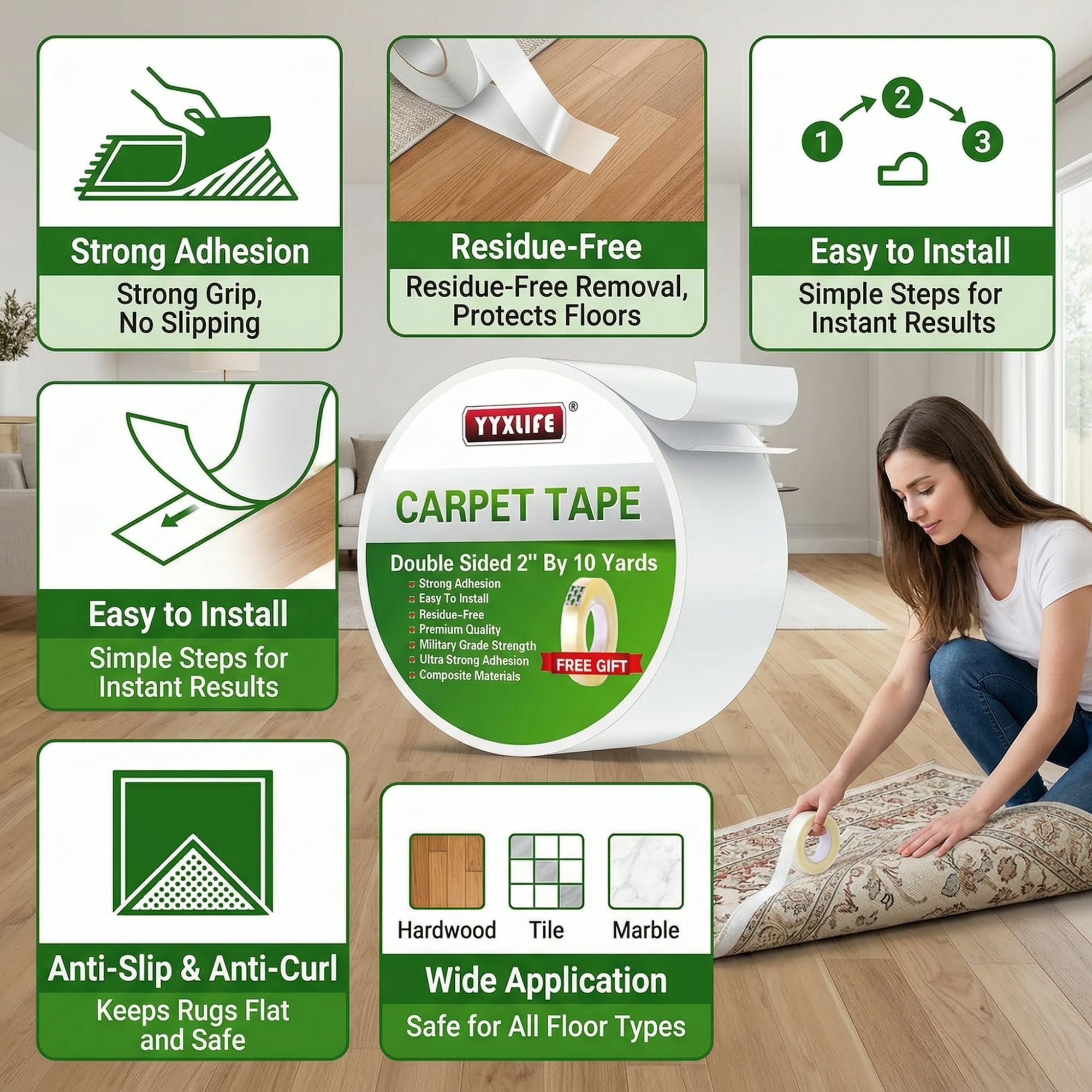 YYXLIFE Rug Ruban adhésif double face pour tapis en extérieur et tapis adhésif amovible et multifonction Blanc (2 Inch x 10 Yards)