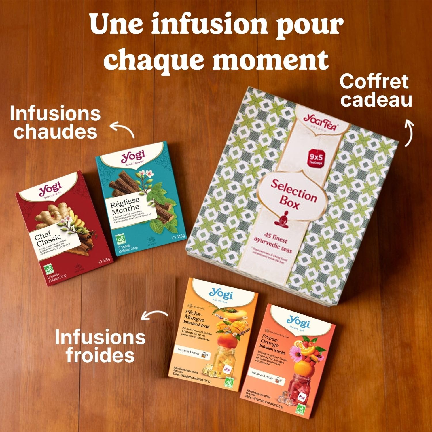 YOGI – Coffret Sélection Bio – Assortiment d’Infusions Ayurvédiques – Découverte de 9 Variétés – Coffret Cadeau Bien-Être – 45 Sachets