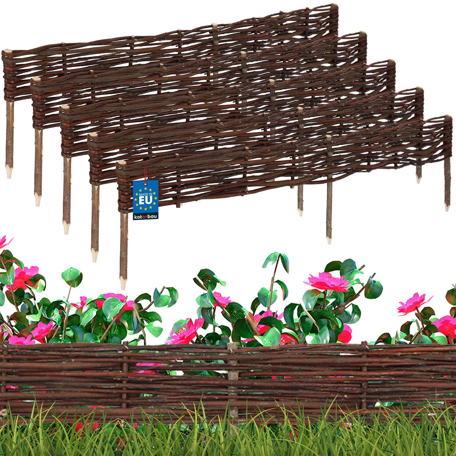 KOTARBAU® Lot de 5 Clôture Bois - Bordure Jardin Extérieur - 120 x 10 cm - Bordure de Jardin en Osier à Planter - Marron - Cloture en Osier - Décoration Extérieure