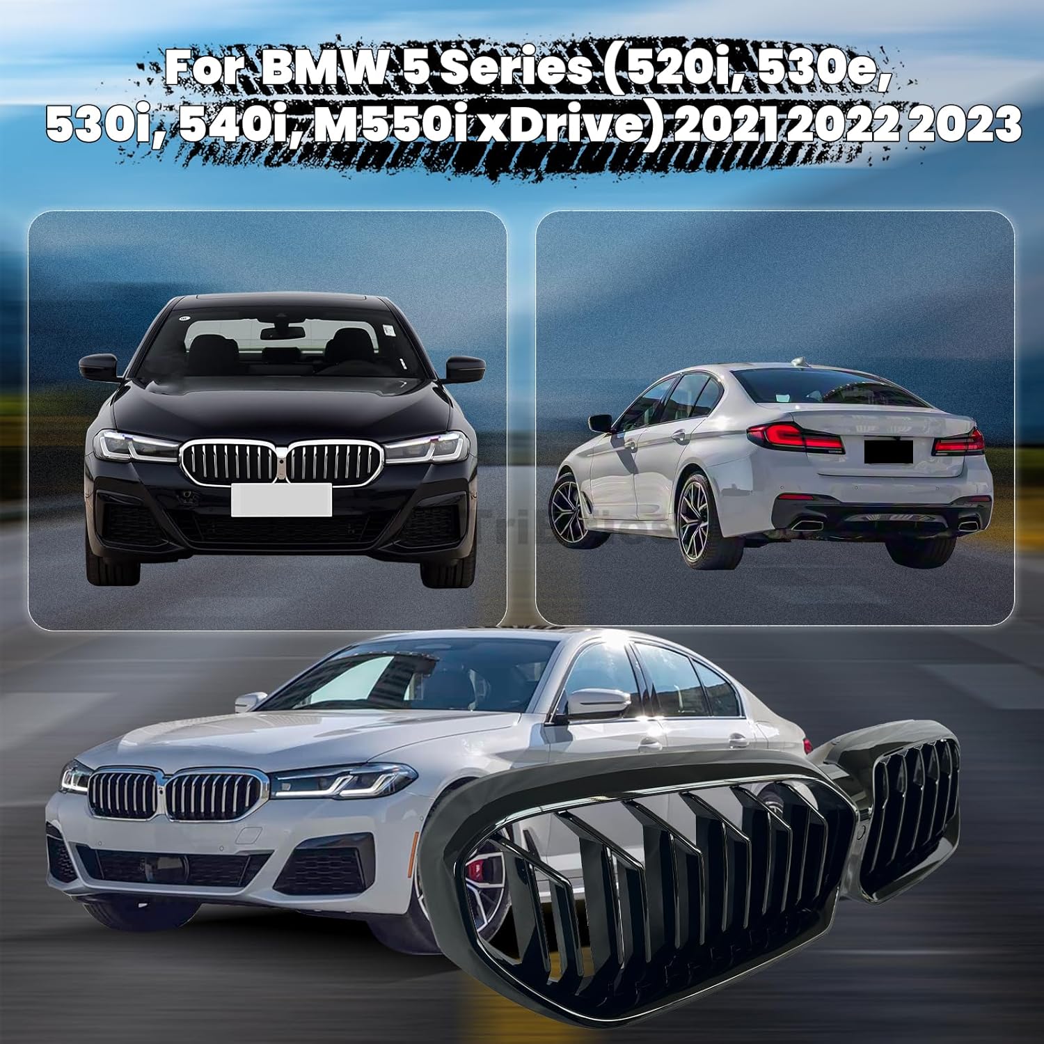 G30 Front Kidney Grille - Double Slats, Glossy Black, Compatible with 2021-2023 BMW 5 Series (520i, 530e, 530i, 540i, M550i xDrive), Premium ABS Construction