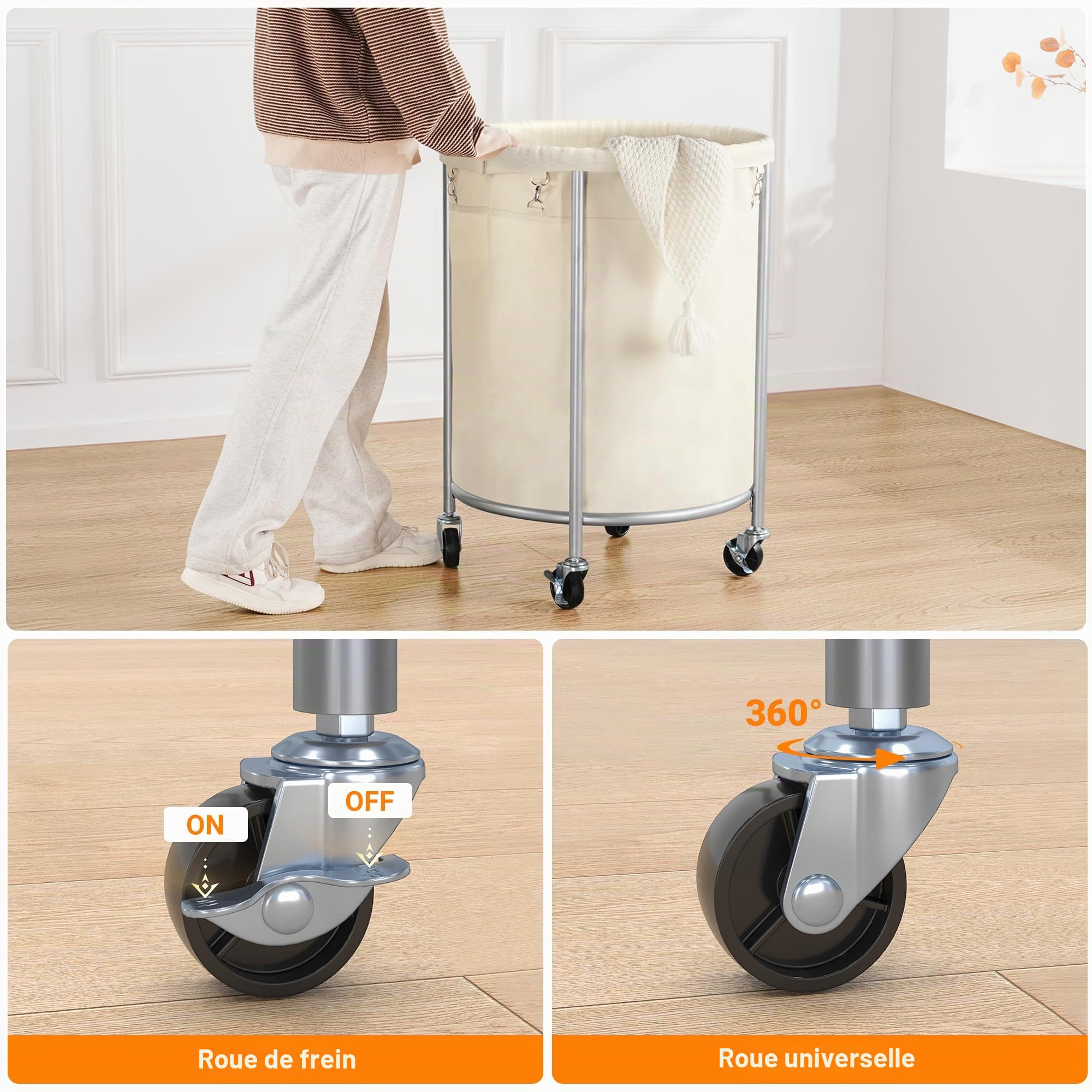 ELYKEN Panier à Linge avec Roulettes, Panier à Linge à Roulettes de 170 L, Chariot à Linge Rond avec Cadre en Acier et sac Amovible 4 Roulettes et 2 Freins, Sale pour Hôtel Maison, Crème
