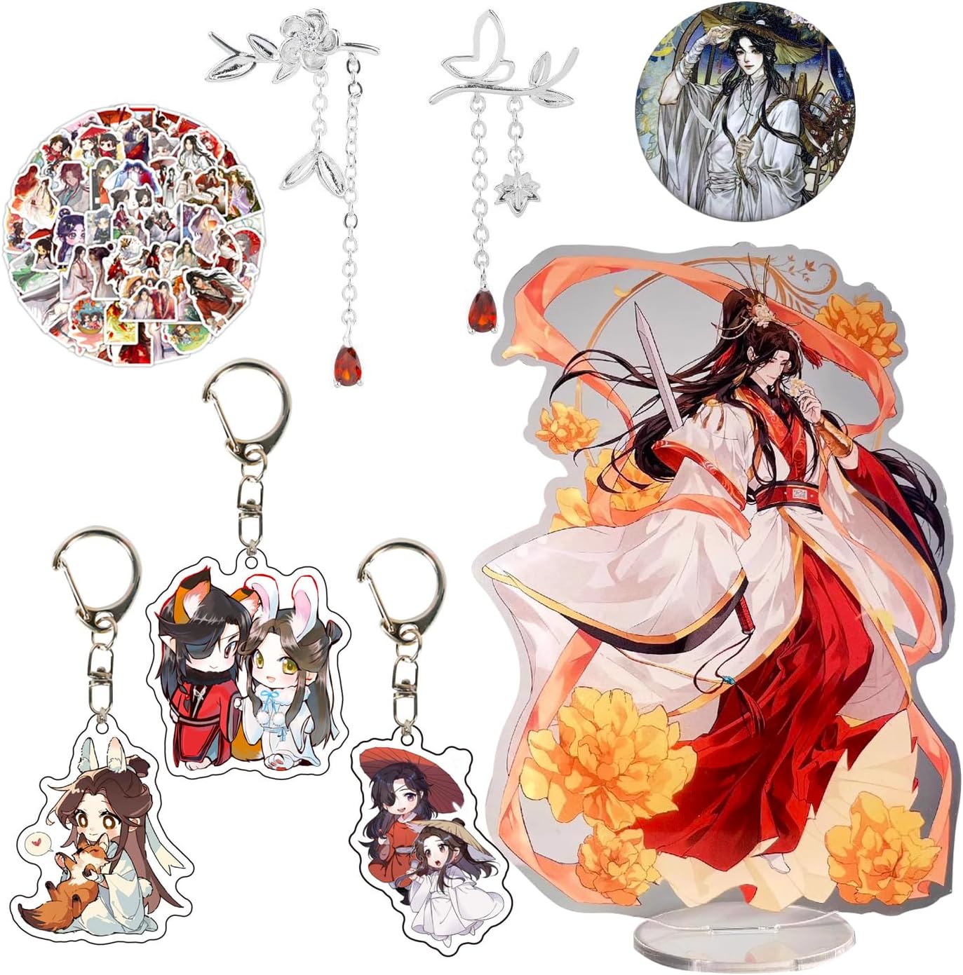 Zaky Heaven Official's Blessing - Tian Guan Ci Fu Cosplay Earrings Acrylic Stand Figure Hua Cheng Keychain Xie Lian Brooch Character Sticker Set 16 PCS