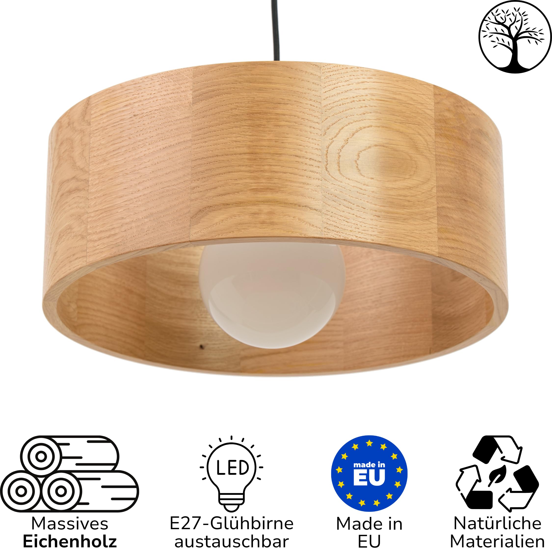 Pendelleuchte Holz - Rund Modern Holzlampe 1xE27 (37 cm) - Hängeleuchte Eiche - Natur Lampe für Esszimmer, Wohnzimmer, Küche, Schlafzimmer, Flur - Stilvolles Design Eichenholz ANTILIA