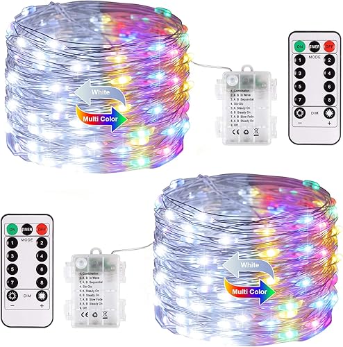 Vista 149 de JMEXSUSS Paquete de 2 luces de hadas azules que funcionan con pilas, 100 luces LED azules de 33 pies impermeables con temporizador remoto, luces