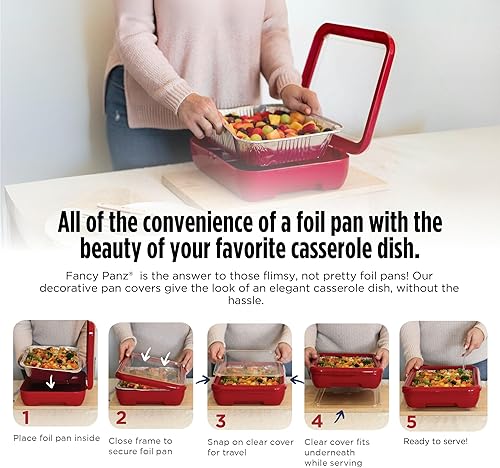 Vista 69 de Fancy Panz Bandeja clásica para servir alimentos, fabricada en los Estados Unidos, soportes apilables de aluminio con tapa transparente, cazuela