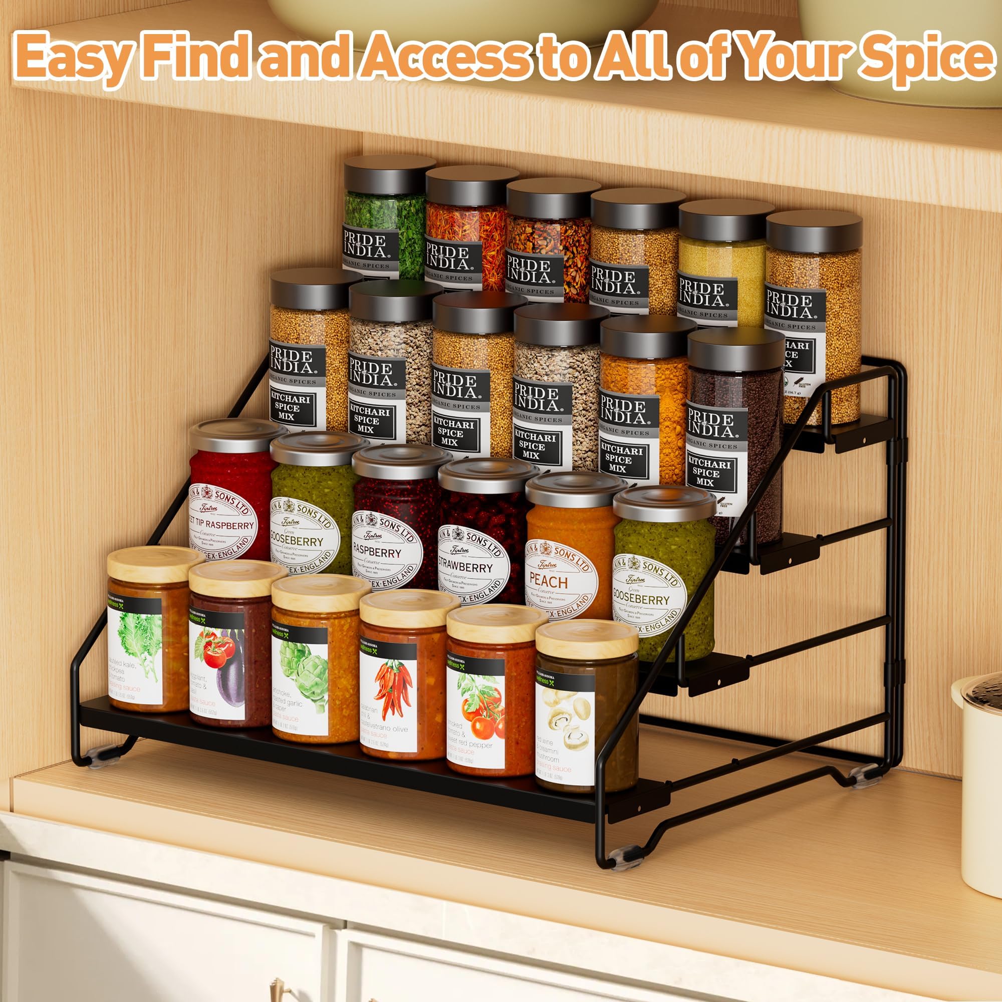 Gucass Porta Spezie per Cucina, Portaspezie in Metallo Salvaspazio A 4 Livelli, Portaspezie da Appoggio Regolabile Supporto Porta, Spezie Organizer per Cucina Bancone Armadio, Nero