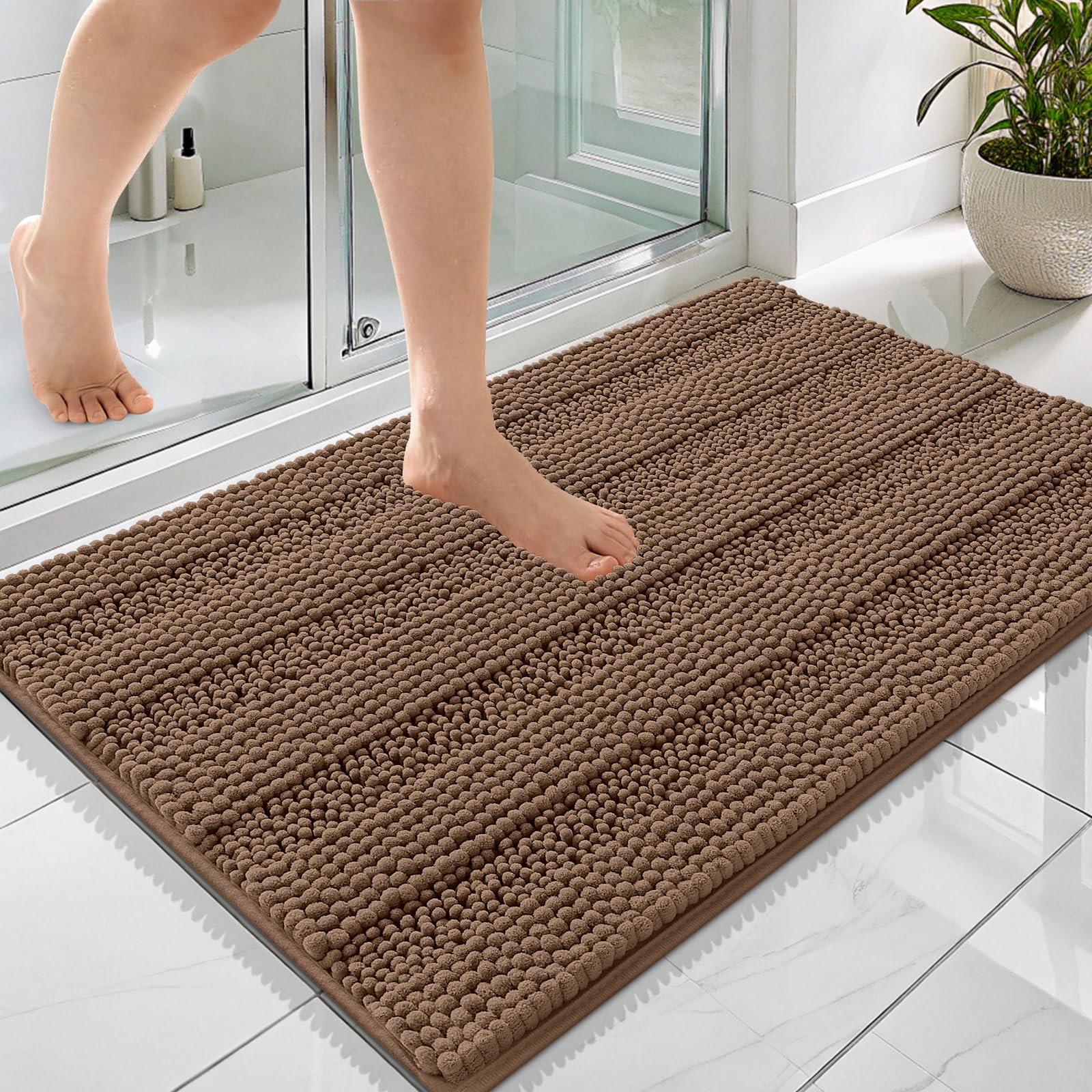 OLANLY Thick Bathroom Rugs 36x24, Soft Chenille Striped Bath Rugs, Mocha