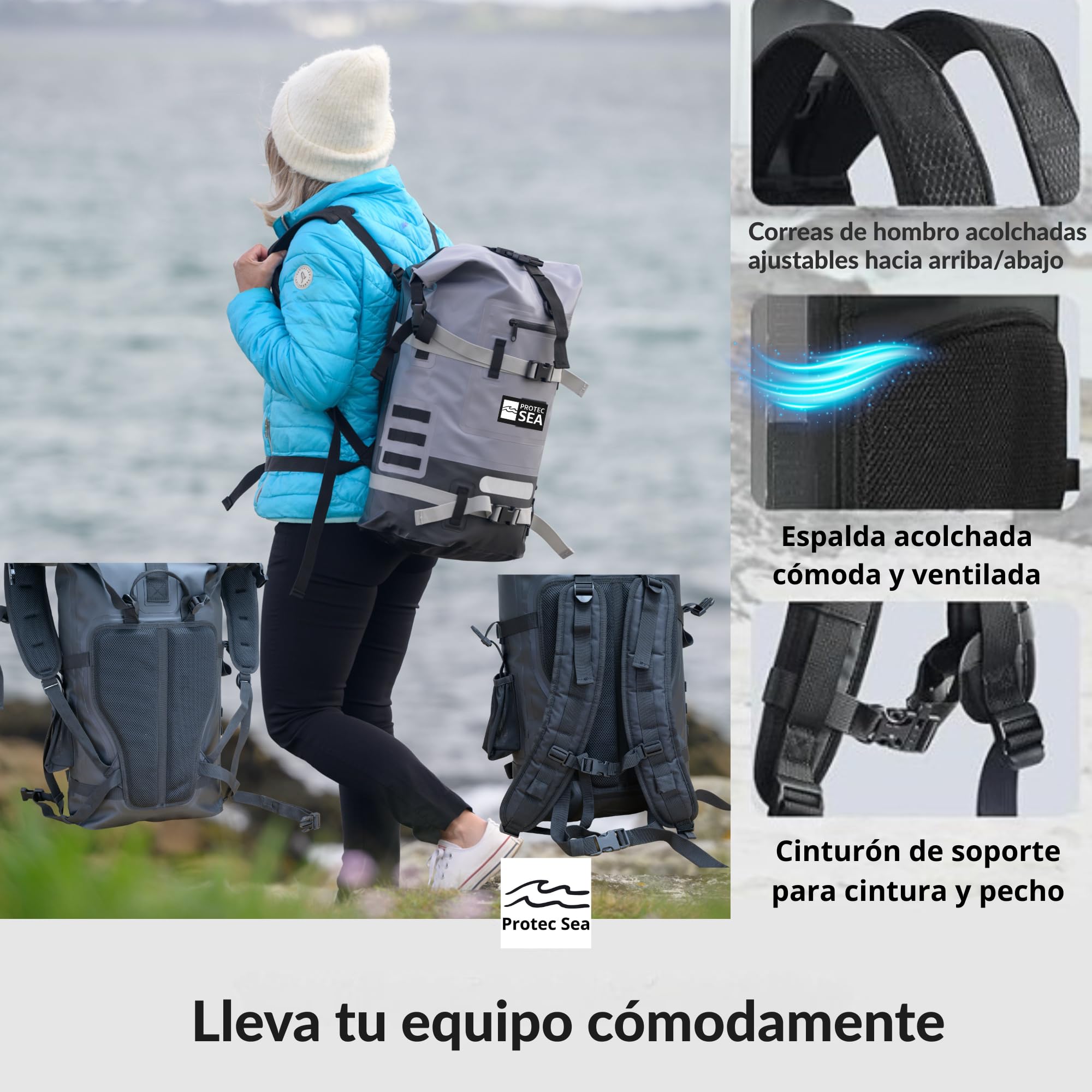 Mochila impermeable impermeable para senderismo, 25L-40L, volumen ajustable, cierre rápido, transporte cómodo, accesorios Molle, bolsillos impermeables, cinta reflectante, color gris