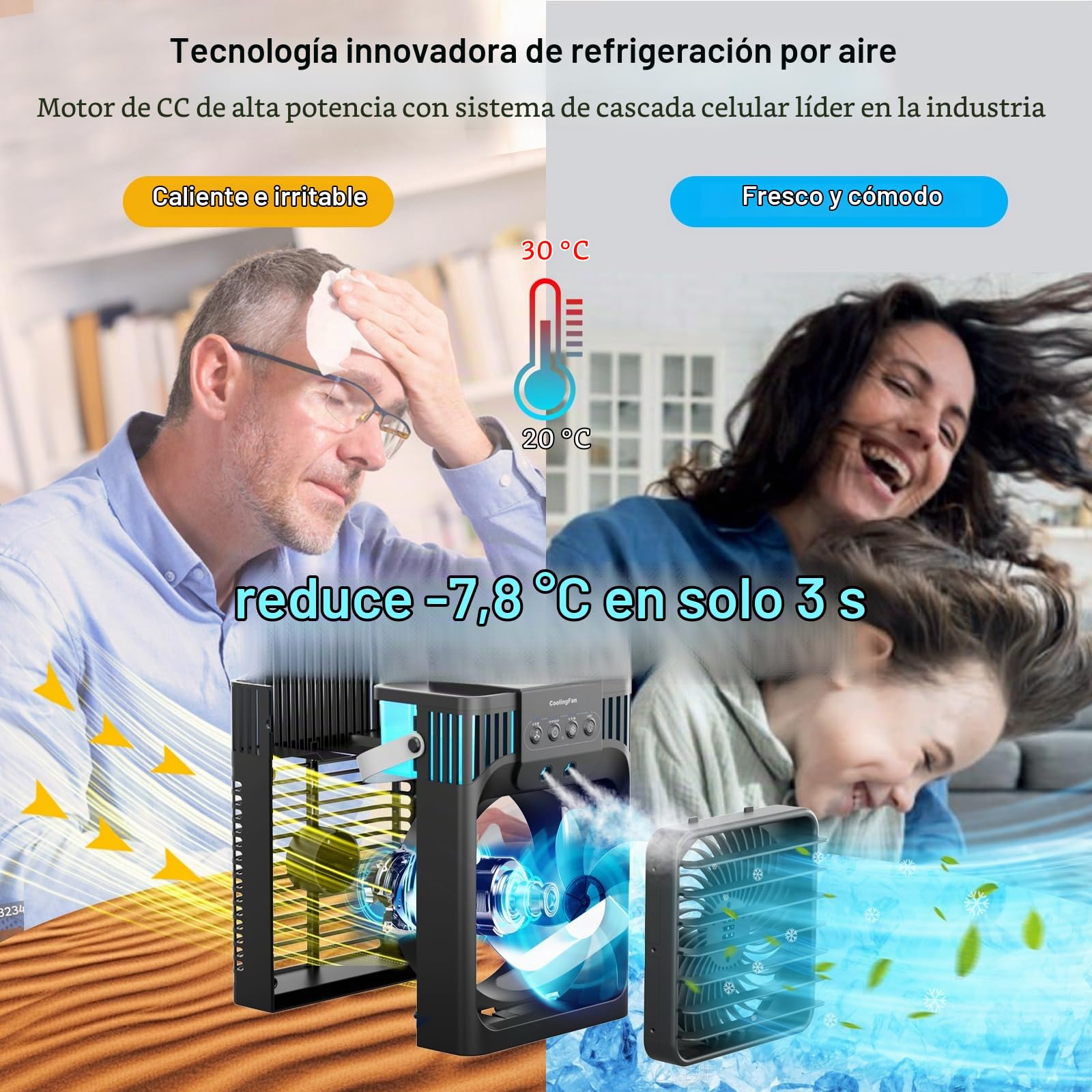 Aire acondicionado portátil con mando a distancia, silencioso con 3 velocidades, ventilador de refrigeración de 1200 ml, ventilador de aire personal con 3 nieblas, 7 luces nocturnas, temporizador de 8