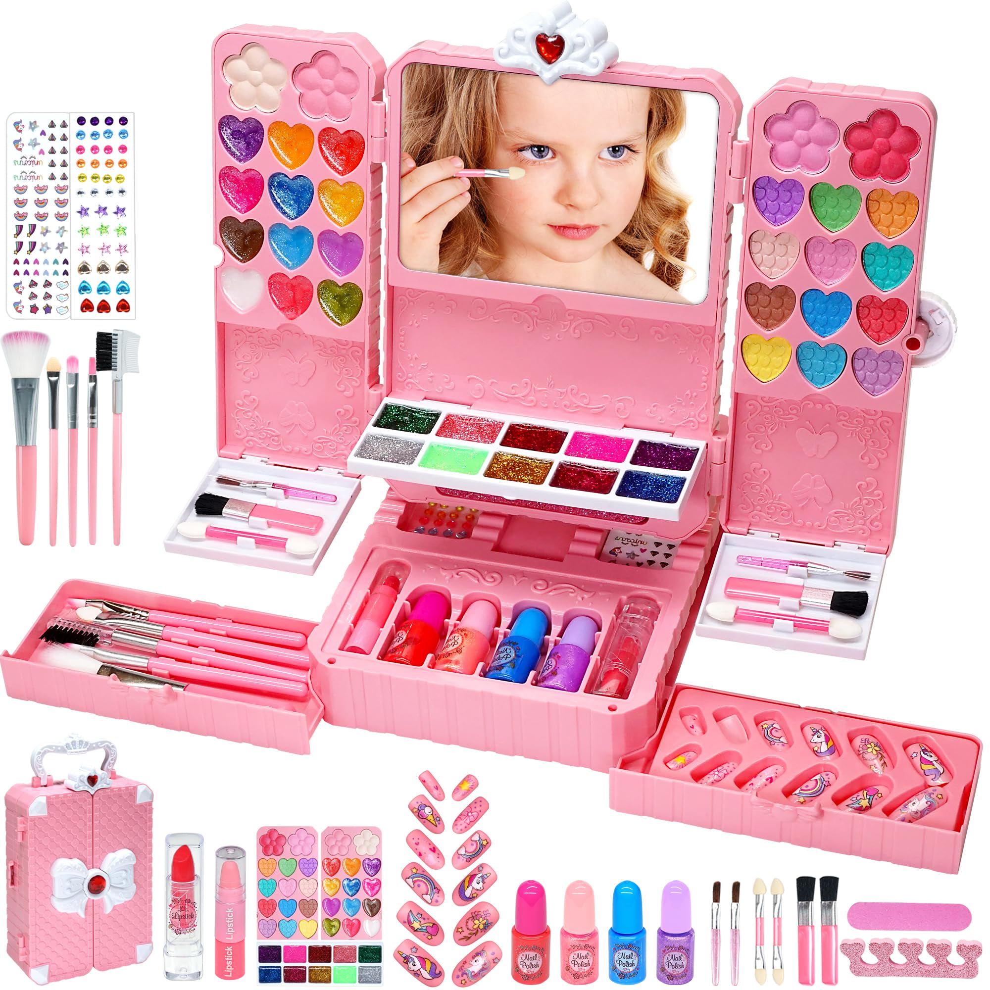 Kids Makeup Sets for Girls Toys, 74PCS Washable Makeup for Kids with Mirror Real Dressing Table with Stand