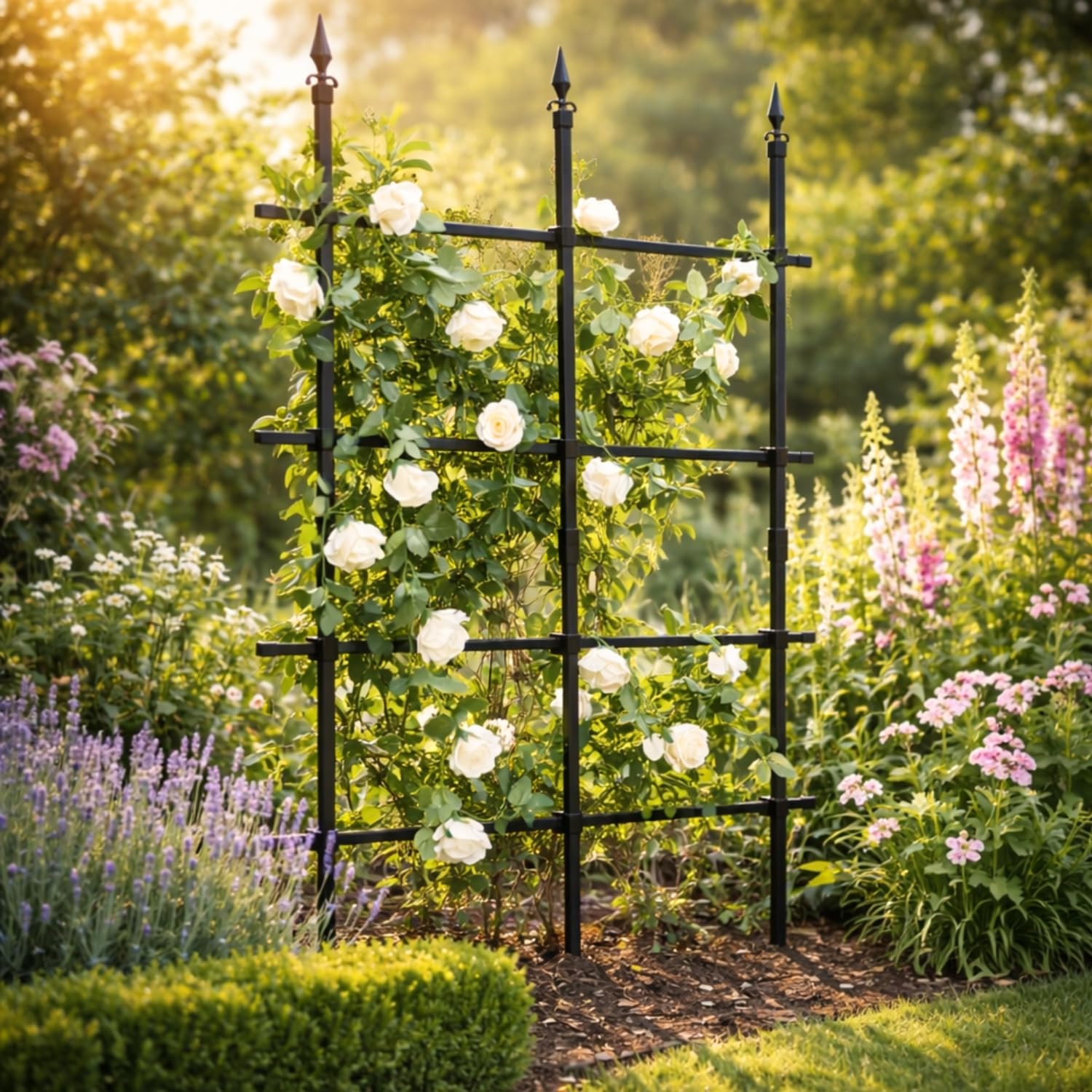 GardenSkill Rankgitter für Kletterpflanzen Garten-Spalier | Rankhilfe, Metallrosenzaun, Freistehender Sichtschutz für Gartengrenzen, Pflanzenstütze, Blumen, Reben - Rostfrei (Schwarz, 180x180cm hoch)