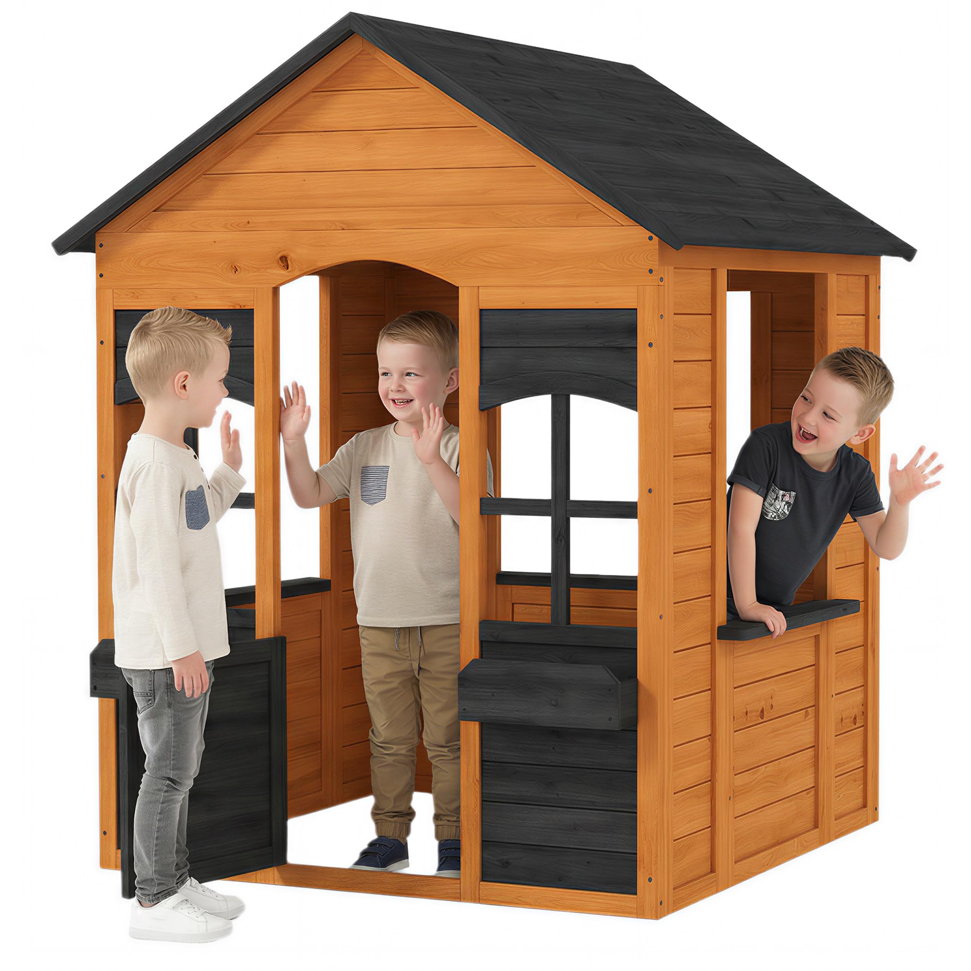 AIYAPLAY Cabaña Infantil Exterior de Madera de Abeto, Casa de Juegos con Media Puerta, Ventanas, Contenedores de Flores, para 3-8 Años, Juego Imaginativo, 110,6 x 106,6 x 138 cm, Marrón