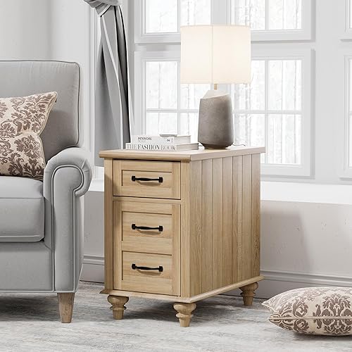 Miniatura 4 de WAMPAT Juego de 2 mesitas de noche con estación de carga, mesa auxiliar de granja con patas de madera maciza, mesa auxiliar con armario de