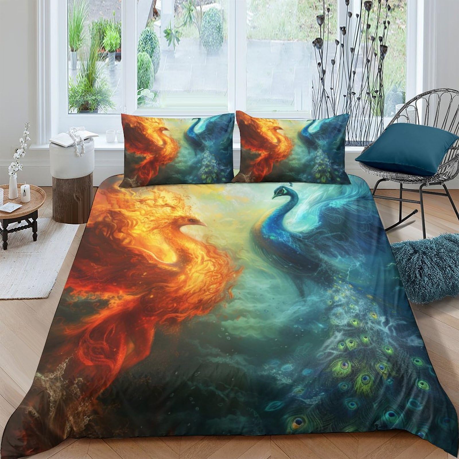 Ctjqhvkz Style-5 3D Printed Fire Phoenix Fitted Sheet Microfiber Soft Breathable Water Phoenix Mattress Cover For Bedroom Dorm Decor Single（135X200cm）