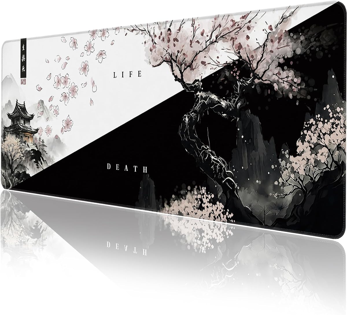 Gaming Mouse Pad,Large Mousepad,XXL Keyboard Mat,Desk Protector | Waterproof,Non-Slip,Anti-fray edges,31.5"x11.9"Anime Black White Japanese Mouse Pads for Computer Laptop Desktop Game Office