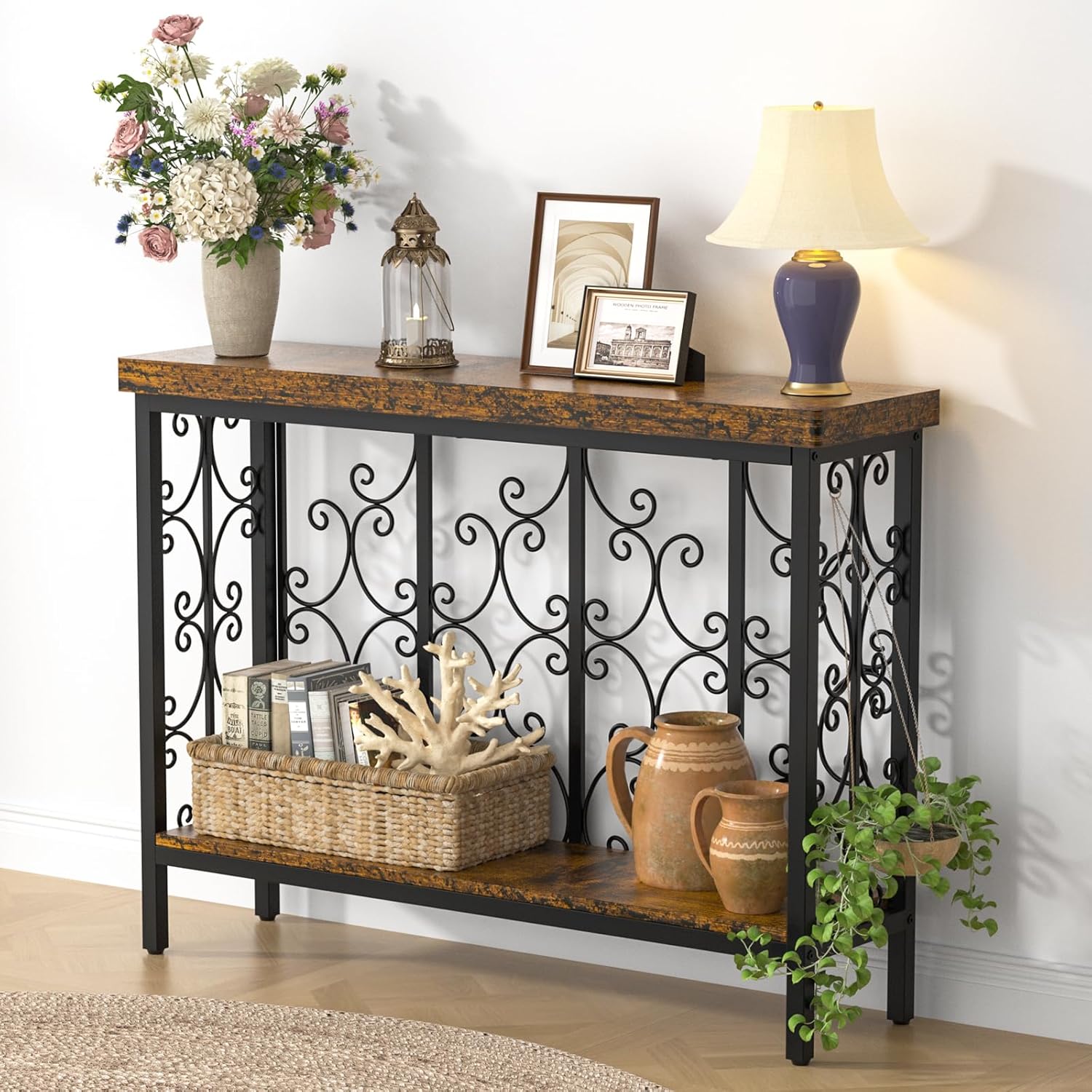 XCSOURCE Console Table, 42.5" Entryway Table with Storage Shelf, Narrow Sofa Table Behind Couch, 2-Tier Hallway Accent Tables for Living Room, Entrance, Foyer, Rustic Brown