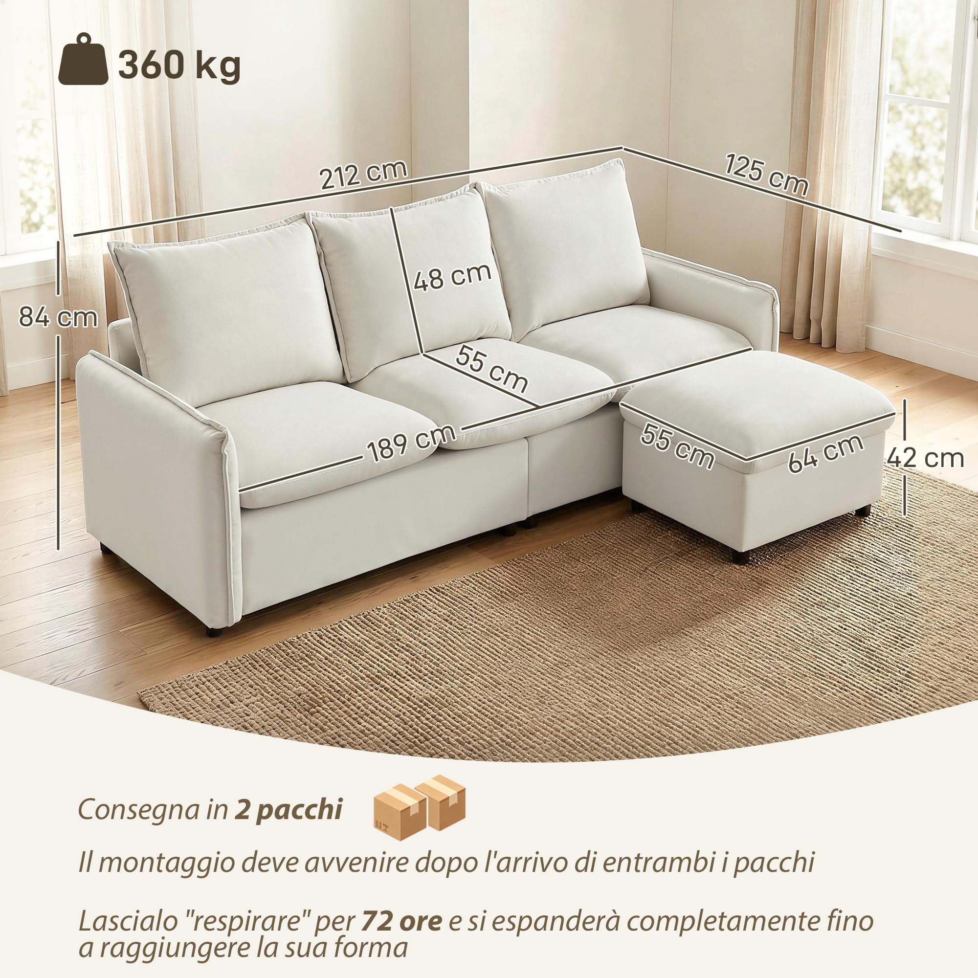 HOMCOM Divano Angolare 3 Posti Modulare Reversibile con Cuscini Crema | Divano ad Angolo, Tessuto Effetto Pelle Traspirante, Contenitore Poggiapiedi Rimovibile, Divano a L per Salotto, 212x125x84cm
