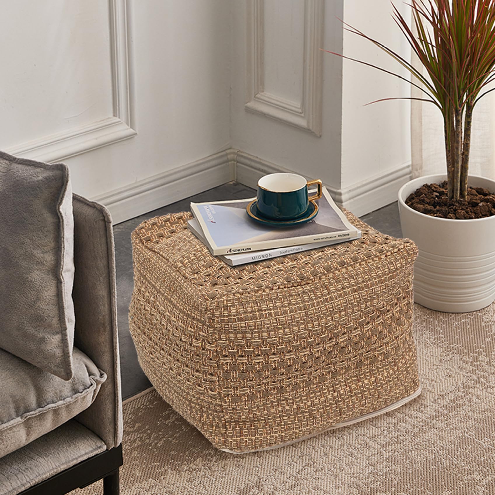 Funda para puf, reposapiés para sala de estar, 17 x 17 x 13 pulgadas, cuadrada, étnico, funda otomana, puf de lino de algodón, reposapiés para sofá para dormitorio