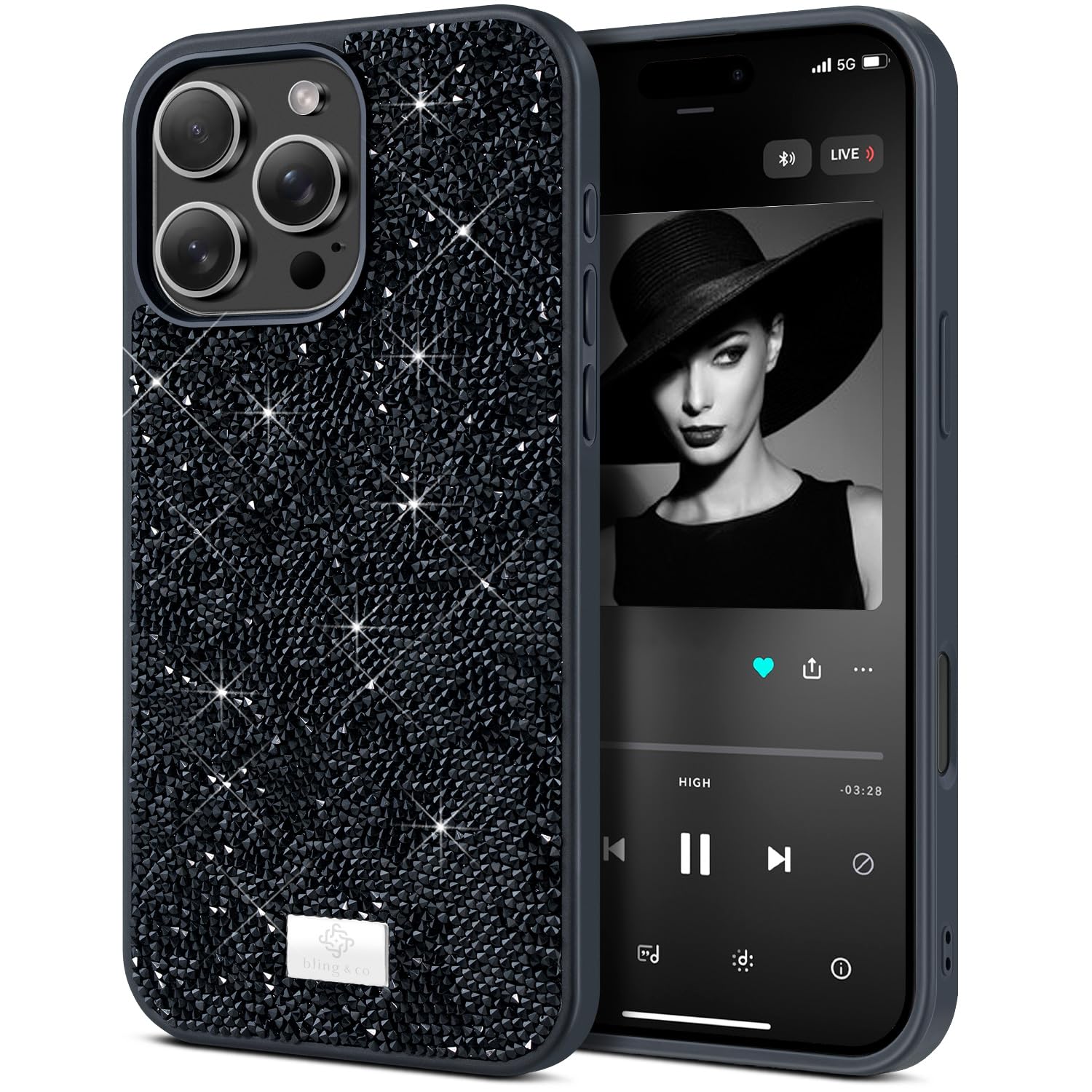 BEZ Case for iPhone 16 Pro Case Glitter, with Bling & Co. Series, Sparkle Diamond Crystal Bling Case Cover for iPhone 16 Pro, Jet Black