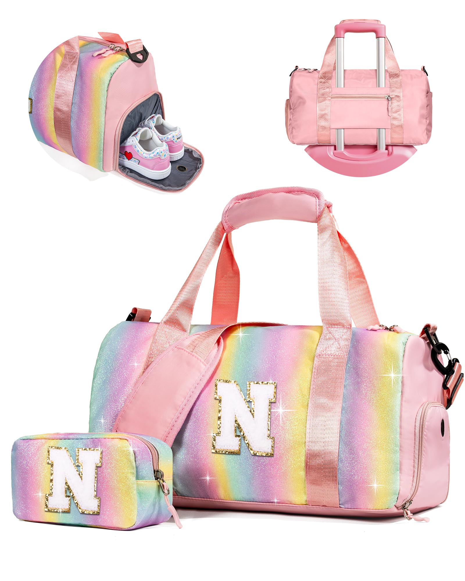 Vogewood Gift Ideas for Kids Girls-Girl Gym Bag with Shoe Compartment, Kid Personalized Weekender Overnight Bags, Initial Travel Tote with Makeup