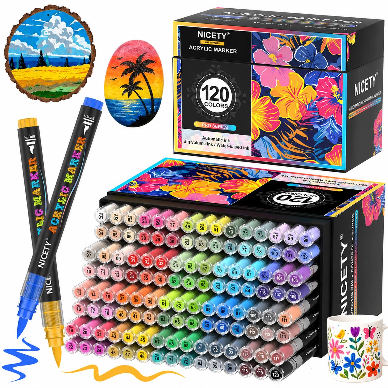 NICETY 120 rotuladores acrílicos | Marcadores acrílicos brush para piedra, cerámica, madera, vidrio y lienzo, rotuladores acrylic de alta cobertura y secado rápido