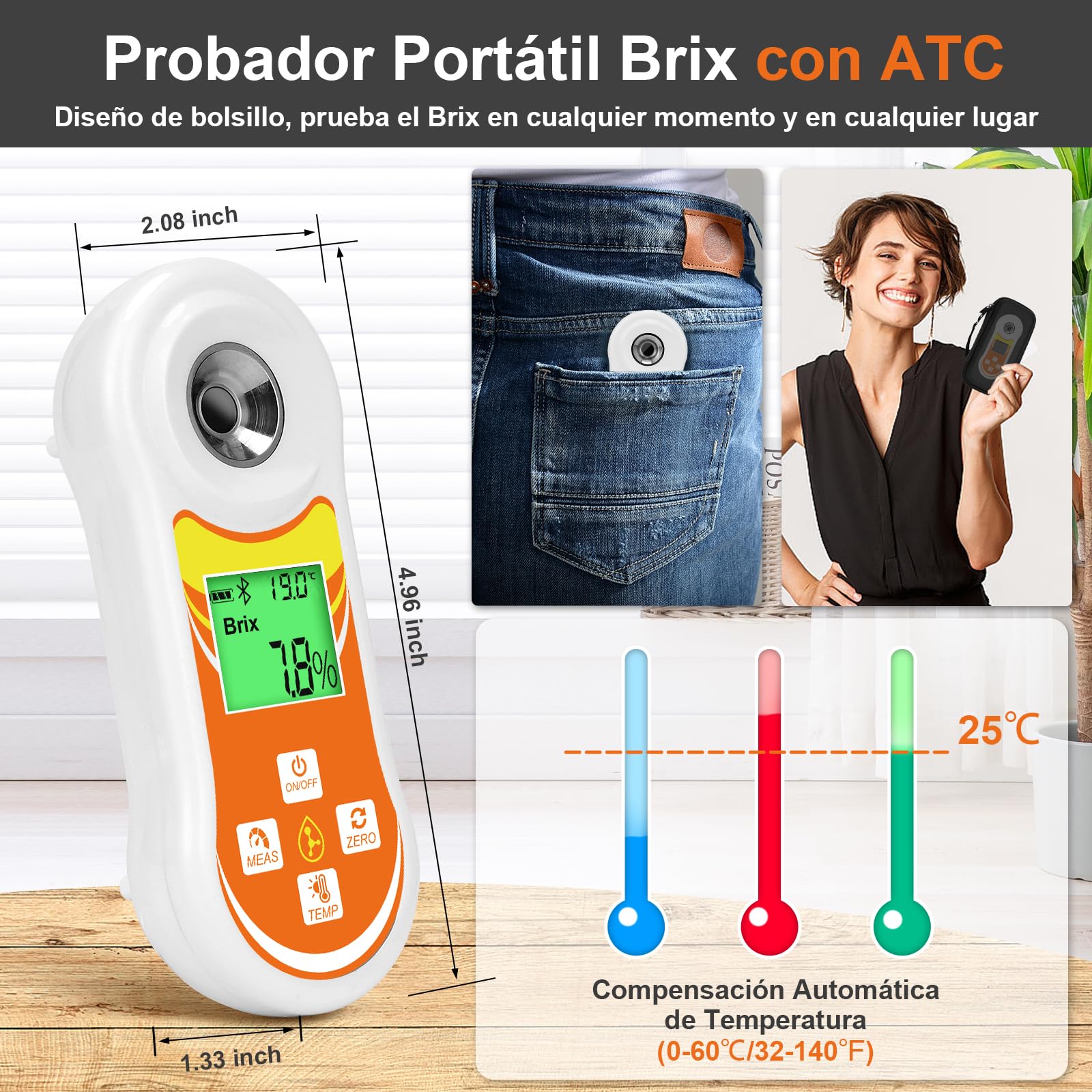 Refractómetro Inteligente Brix, Probador Digital YINMIK Brix (0-60%), Medidor de Temp de Azúcar con ATC, Medidor Portátil Brix para Frutas, Café, Jarabe de Arce, Jugos, Alimentos y Vegetales