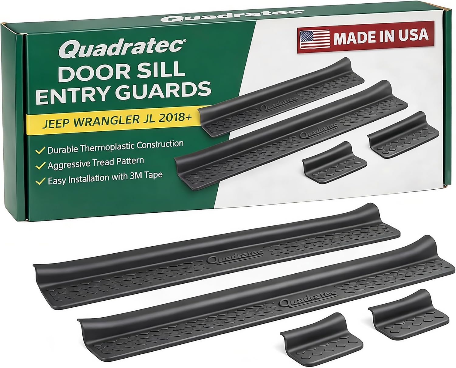 Quadratec Front and Rear Custom Fit Entry Guards - Fits Jeep Wrangler JL & Gladiator JT 2018-2026 - High Coverage - Injection-Molded Virtually Indestructible Black TPE Material - Polygon Tread Design