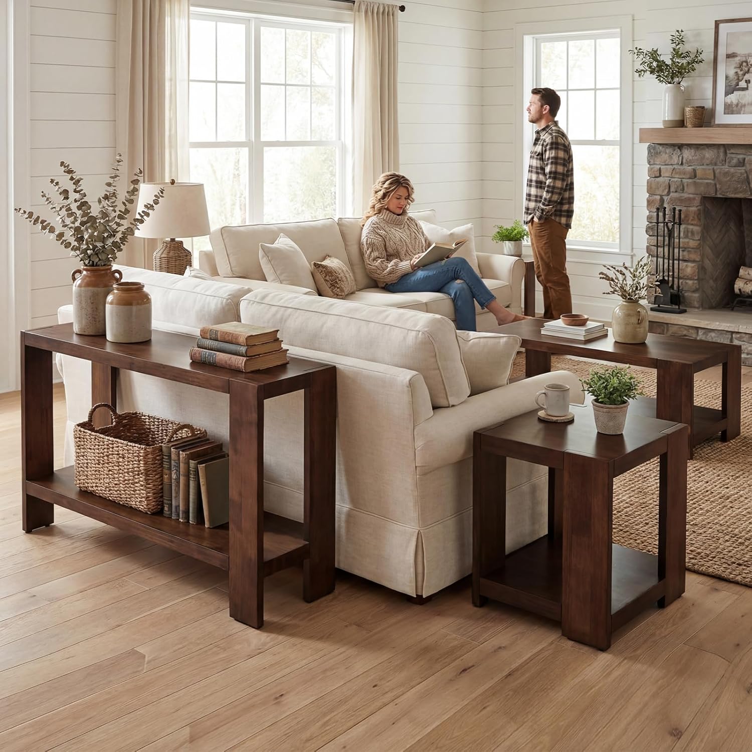 Console Table with Open Storage, 47" Pine Solid Wood Entryway Table, 2-Tier Sofa Table for Living Room/Entrance/Hallway, Walnut