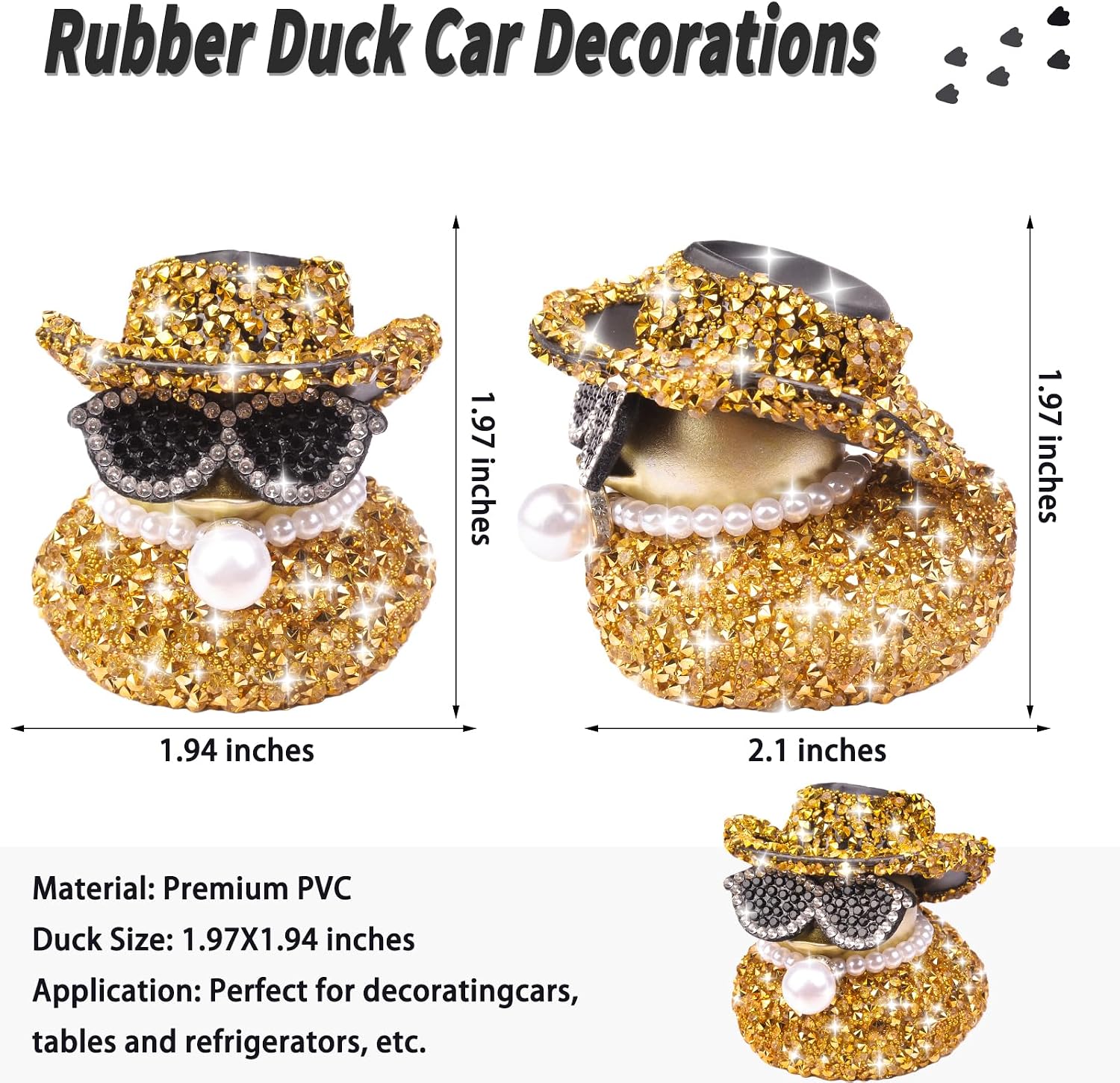 Rhinestones Rubber Duck Car Ornaments, 2Pcs Funny Diamond Ducks Car Dashboard Decorations Duck Accessories with Mini Shiny Cowboy Hat Necklace and Sunglasses image 3
