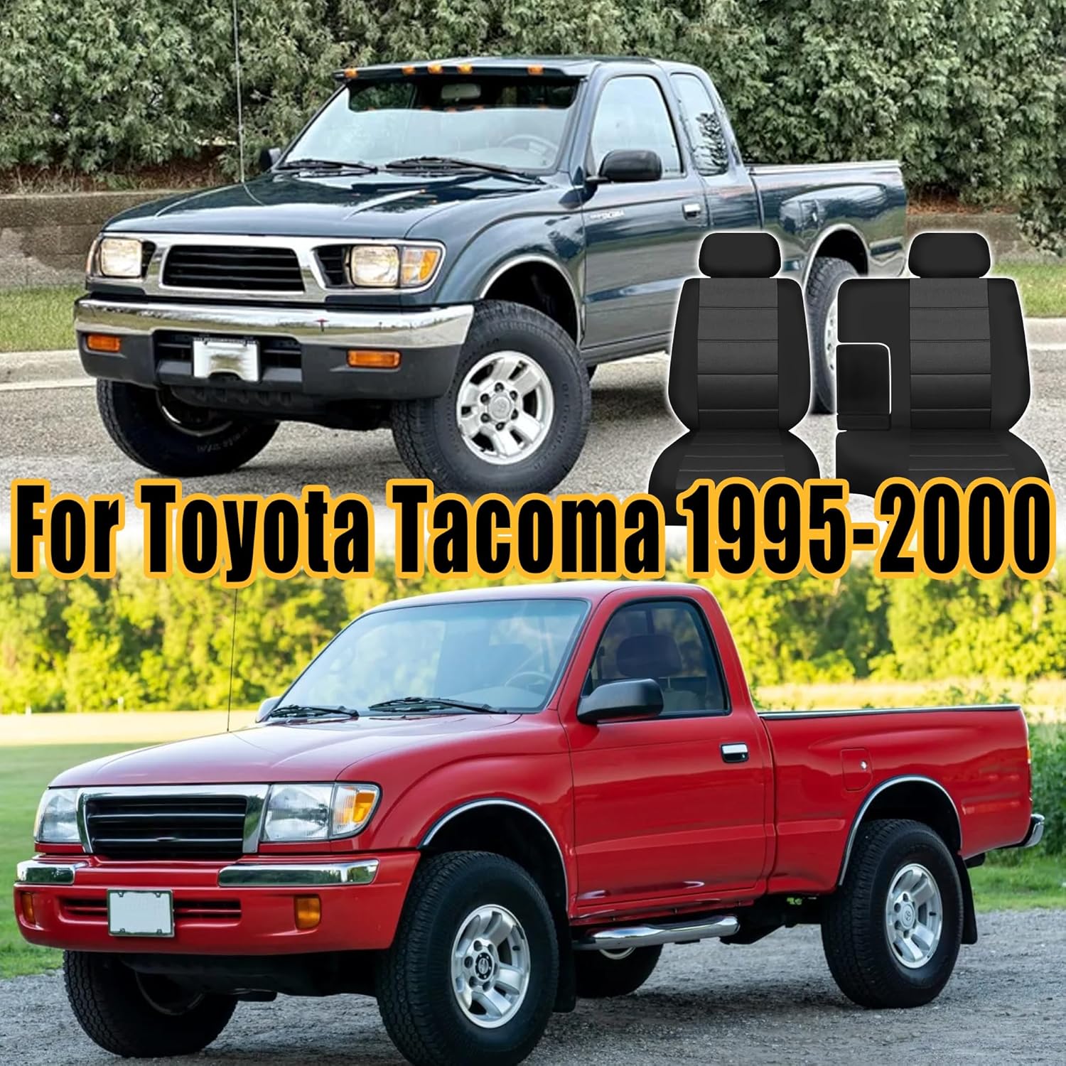 Front 60/40 Bench Seat Covers for Toyota Tacoma 1995 1996 1997 1998 1999 2000 - Water-Resistant Polyester Protectors with Headrest & Console Covers, Easy to Clean-Black