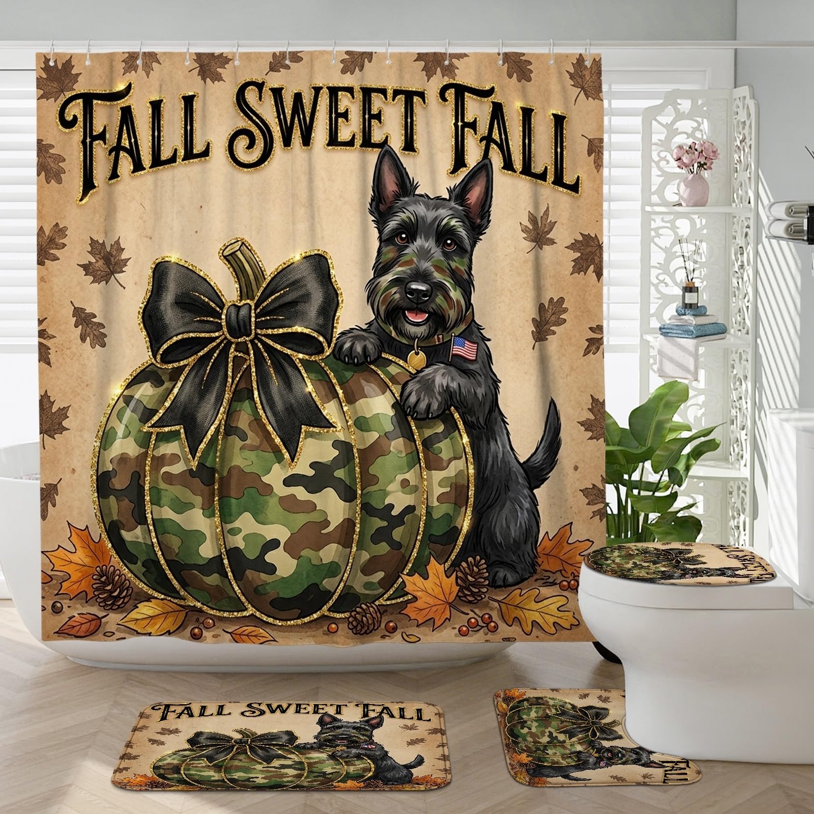 Ensemble rideaux de douche terrier écossais 183 cm et tapis pour sol sec