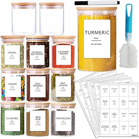 AISIPRIN 12 Pcs Glass Spice Jars with Bamboo Airtight Lids and 114 Labels - 9oz Small Food Storage Containers for Kitchen, Coffee, Herb - Marker and Brush Included