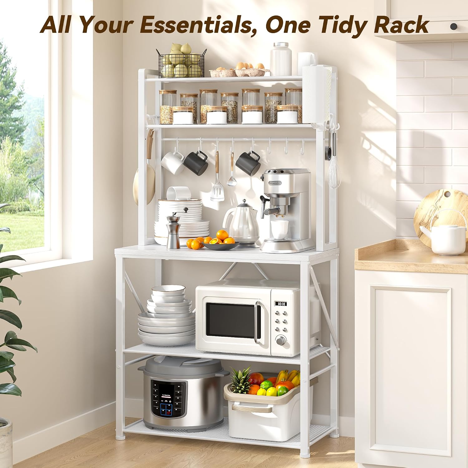 YASONIC Coffee Bar, Bakers Rack with Storage, 25.6 Inches Microwave Stand, 5 Tier Kitchen Shelves Appliance Storage, 12 S Hooks Large Coffee Station for Spices, Pots and Pans, White image 2