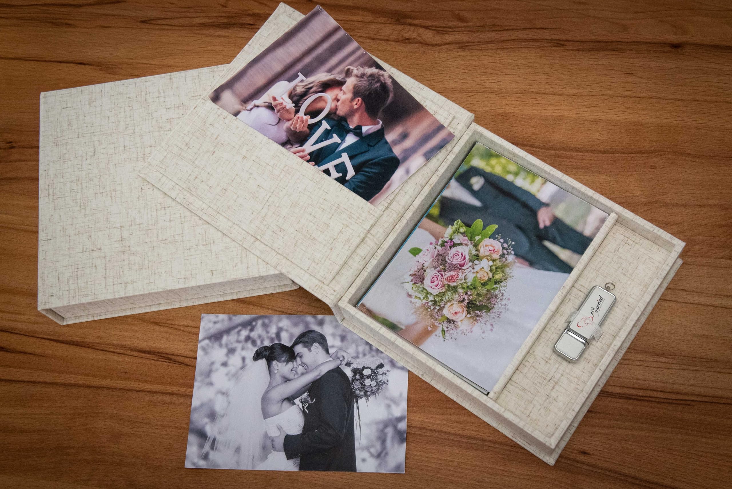 Boîte de rangement USB/DVD de mariage avec boîte photo, 13 x 18 cm, en lin (naturel)